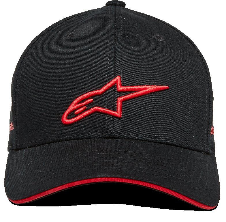 Alpinestars Rostrum Mütze, Snapback-Cap mit gebogenem Schirm, Schwarz und Rot, rote 3D-Logo-Stickerei auf der Vorderseite, roter Sandwich-Schirmrand, strukturierte Krone, Twill-Gewebe, lässige Motorsport-Kopfbedeckung