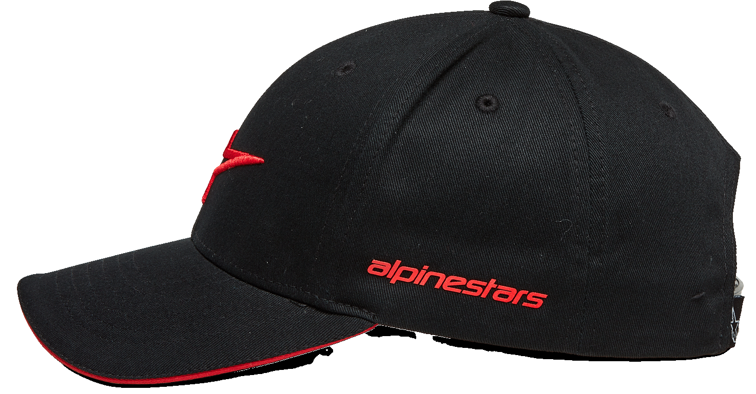 Alpinestars Rostrum Hat, Baseball Cap, Black and Red, side profile view, curved bill with red sandwich edge, 3D embroidered logo on front, red alpinestars wordmark on side, casual motorsport streetwear