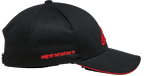Alpinestars Rostrum Hat, Curved Bill Snapback Cap, Black and Red, side profile view featuring red Alpinestars wordmark, structured crown, and red sandwich bill edge, motorsport-inspired headwear