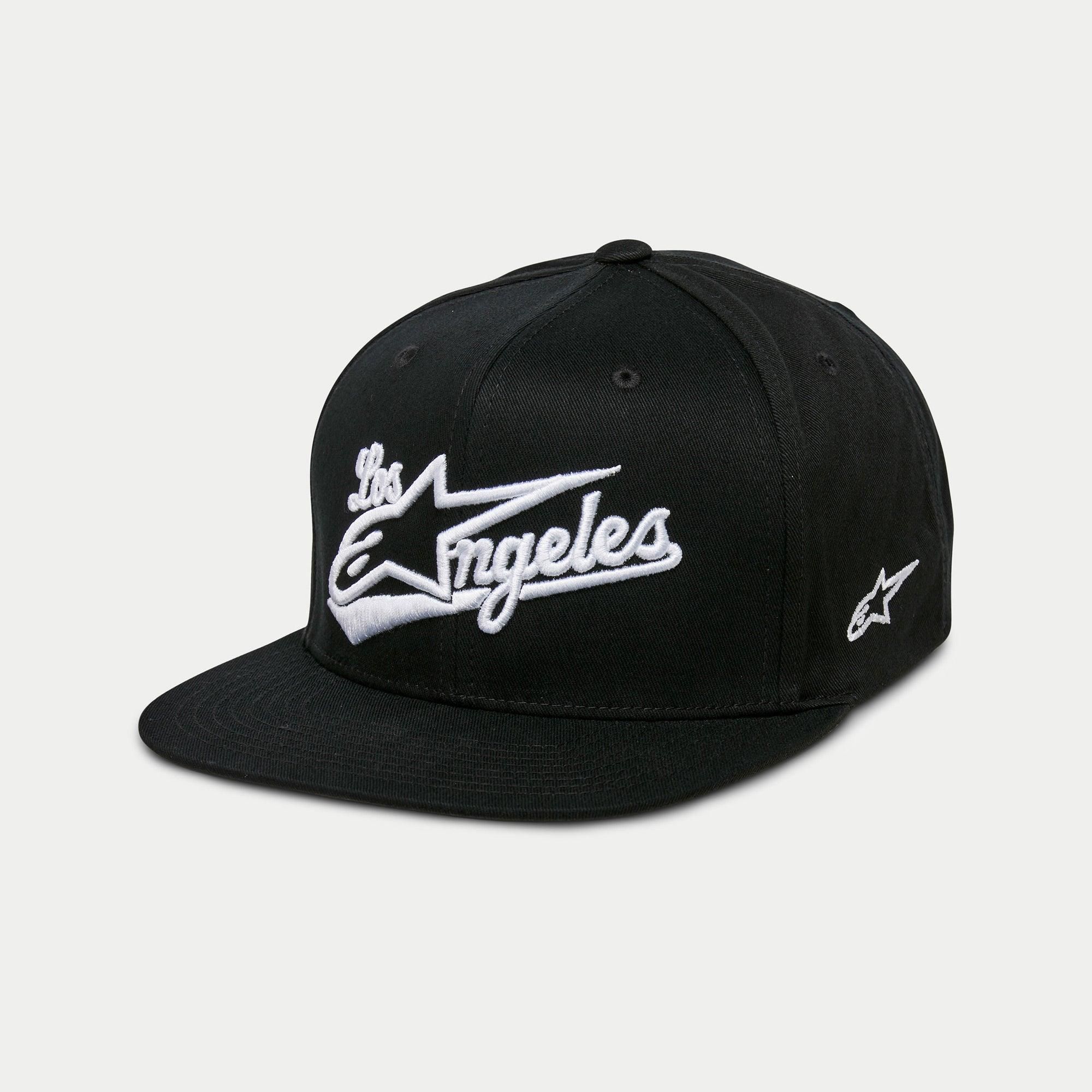 Alpinestars Los Angeles Hat, Flat Bill Snapback Cap, Black and White, 3D embroidered athletic font with Astars logo, structured crown, casual motorsport streetwear