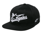 Alpinestars Los Angeles Hat, Black and White Flat Bill Snapback Cap, structured crown with 3D white embroidered Los Angeles athletic font and Ageless logo, side logo embroidery, casual sportswear headwear