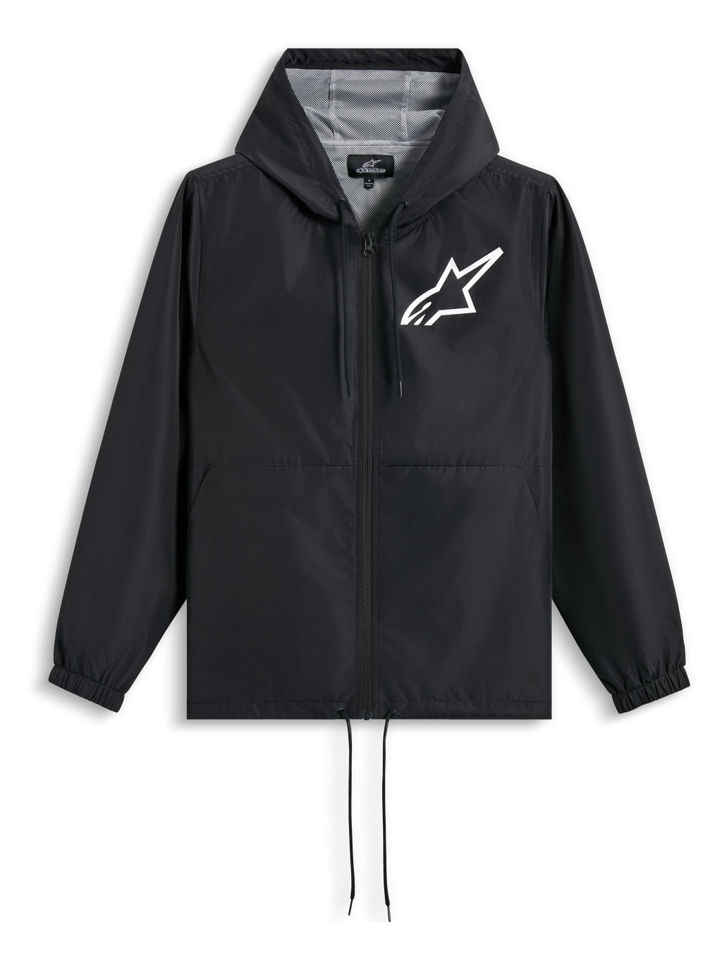 Alpinestars Speeder Chromium Kapuzenjacke, schwarze und weiße Sportswear-Jacke mit Mesh-Futter und Astars-Logo auf der Brust