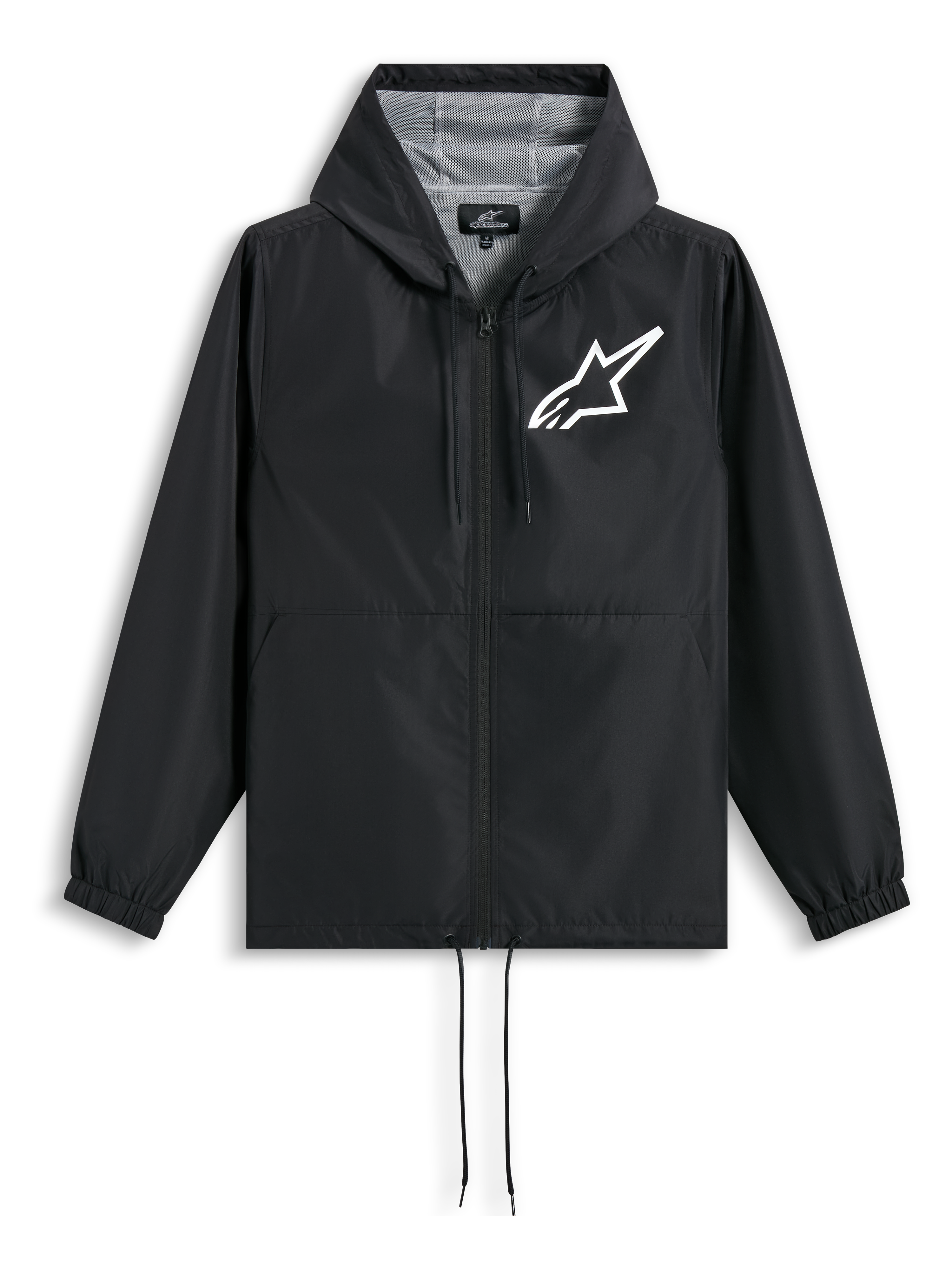 Alpinestars Speeder Chromium Kapuzenjacke, schwarze und weiße Sportswear-Jacke mit Mesh-Futter und Astars-Logo auf der Brust