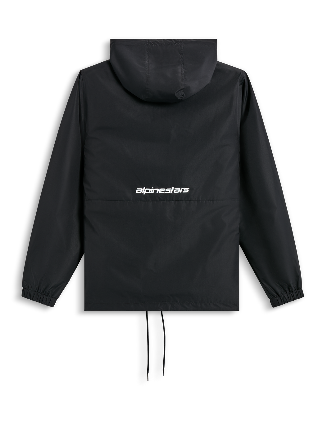 Alpinestars Speeder Chromium winddichte Jacke, schwarze Kapuzen-Windjacke, Rückansicht mit Kapuze, elastischen Bündchen, Kordelzug und weißem Alpinestars-Wortlogo auf dem Rücken.