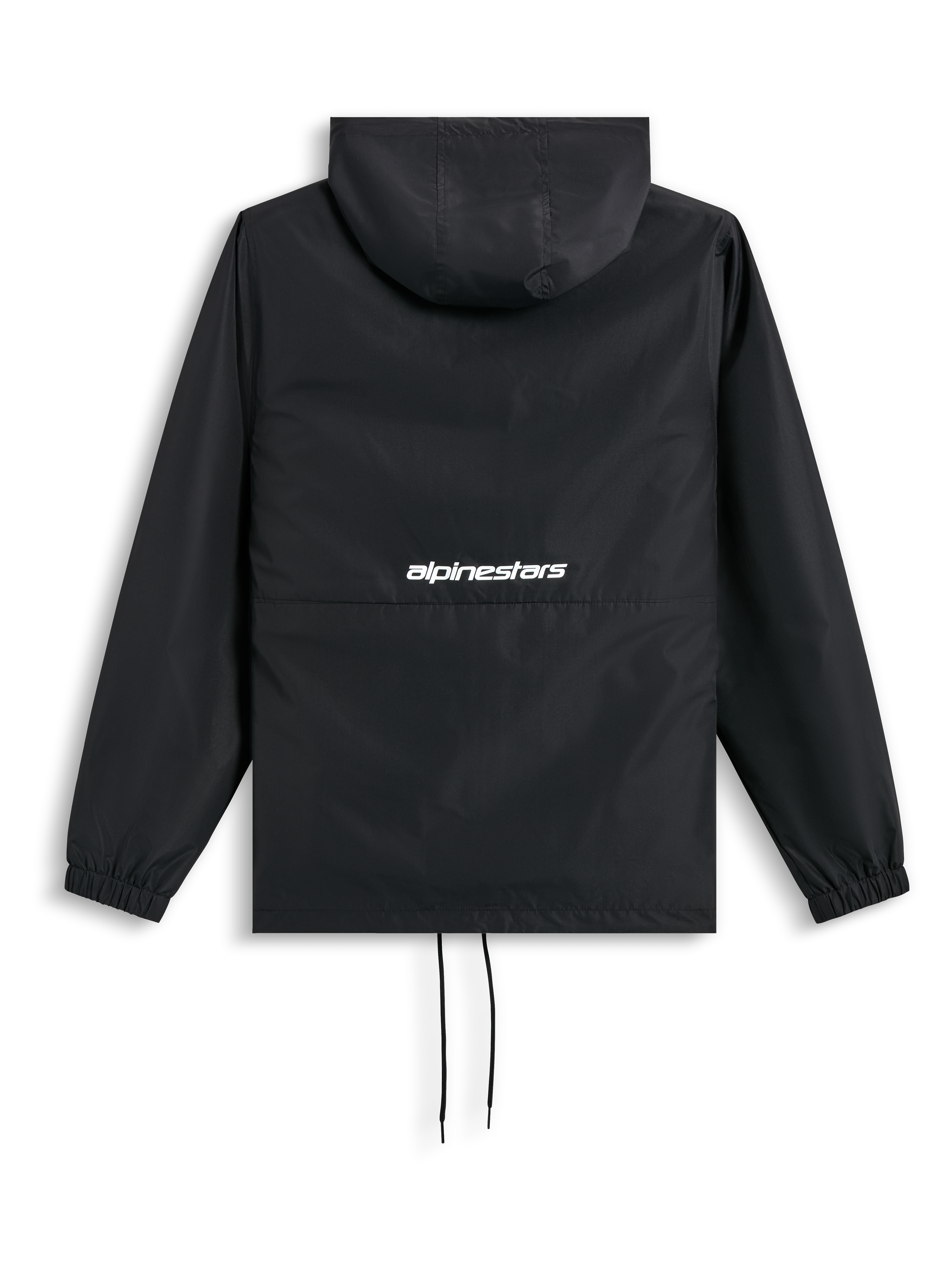 Alpinestars Speeder Chromium winddichte Jacke, schwarze Kapuzen-Windjacke, Rückansicht mit Kapuze, elastischen Bündchen, Kordelzug und weißem Alpinestars-Wortlogo auf dem Rücken.