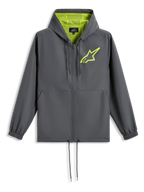 Alpinestars Speeder Chromium Windbreaker-Jacke, Anthrazitgrau mit Neongelb, neongelbes Stern-Logo auf der Brust, Kapuze mit Netzfutter, durchgehender Frontreißverschluss mit Kordelzug am Saum, lässiger vom Motorsport inspirierter Windbreaker