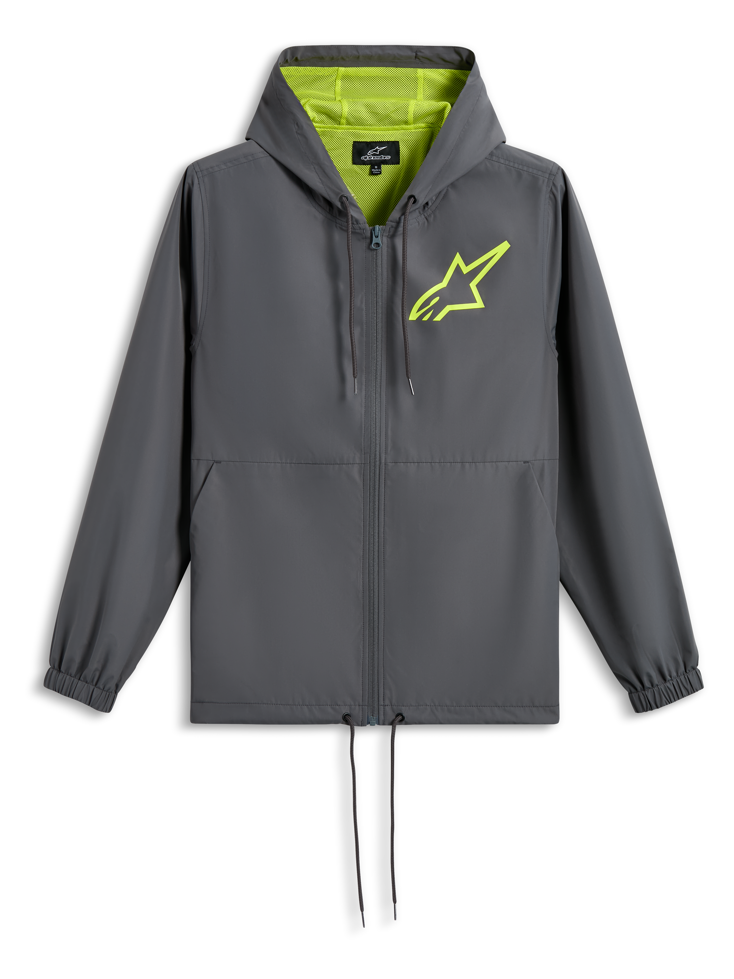Alpinestars Speeder Chromium Windbreaker-Jacke, Anthrazitgrau mit Neongelb, neongelbes Stern-Logo auf der Brust, Kapuze mit Netzfutter, durchgehender Frontreißverschluss mit Kordelzug am Saum, lässiger vom Motorsport inspirierter Windbreaker