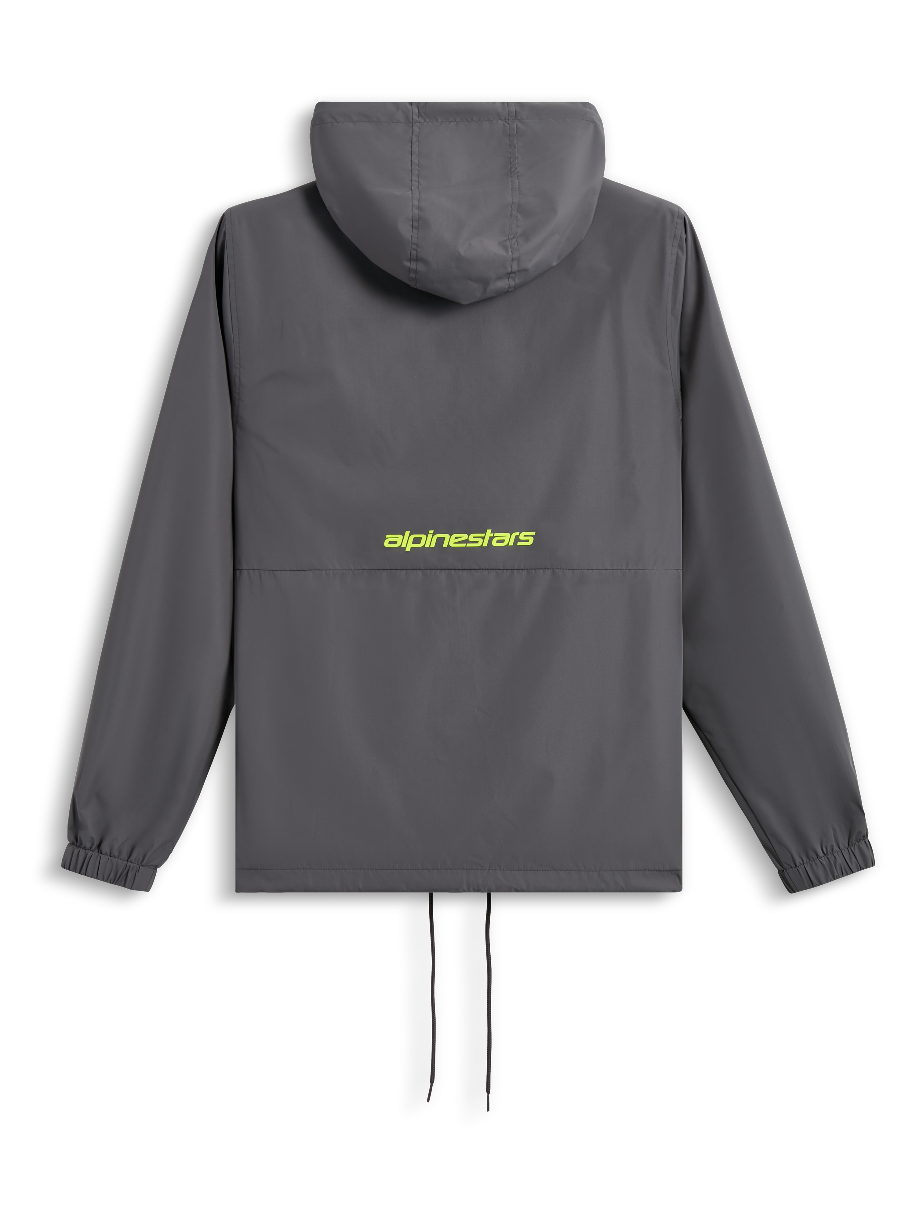 Alpinestars Speeder Chromium Windbreak Jacke, Rückansicht, Anthrazitgrau mit neongelbem Logo auf dem Rücken, Windjacke mit Kapuze, elastischen Bündchen und Saum mit Kordelzug, lässige vom Motorsport inspirierte Streetwear