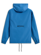 Alpinestars Speeder Chromium Windbreaker-Jacke, leuchtendes Blau, Rückansicht mit schwarzem Alpinestars-Schriftzug, leichte Windjacke mit Kapuze, elastische Bündchen, verstellbarer Saum mit Kordelzug, lässige vom Motorsport inspirierte Oberbekleidung