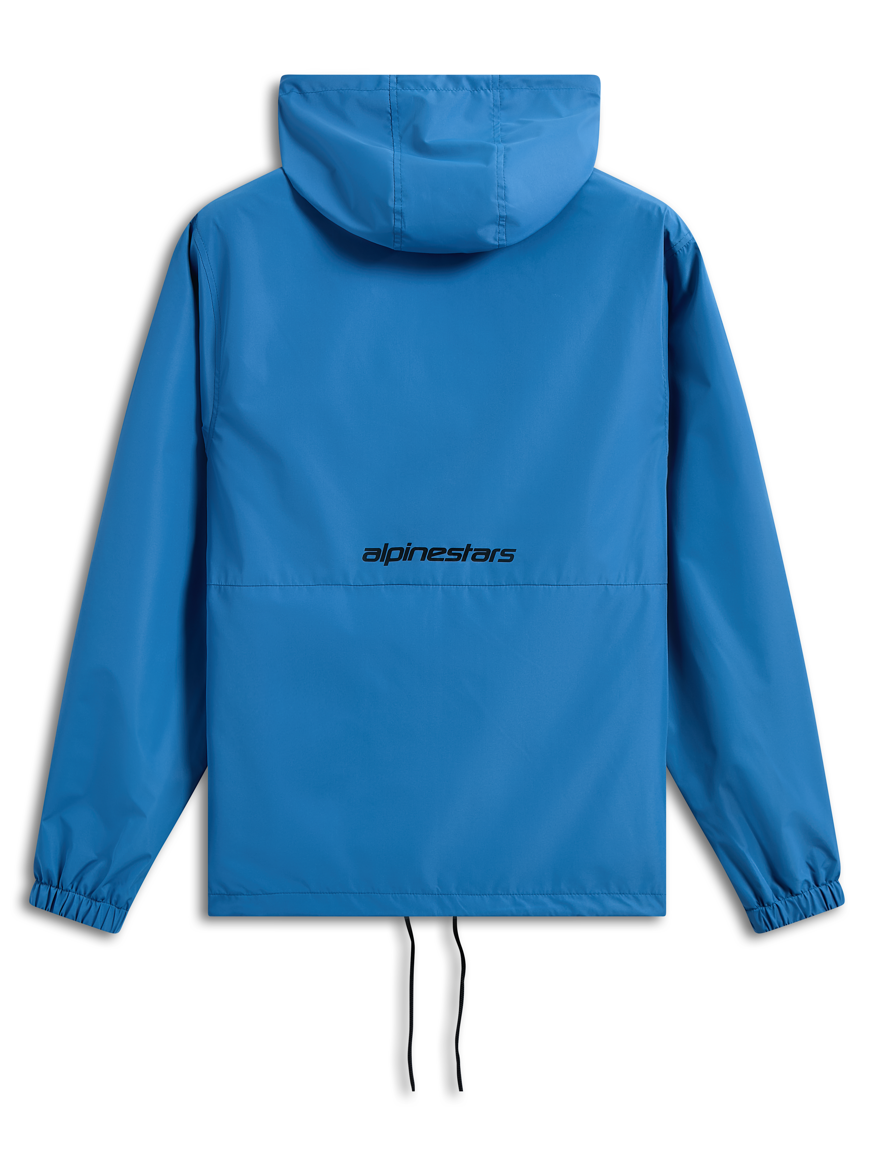 Alpinestars Speeder Chromium Windbreaker-Jacke, leuchtendes Blau, Rückansicht mit schwarzem Alpinestars-Schriftzug, leichte Windjacke mit Kapuze, elastische Bündchen, verstellbarer Saum mit Kordelzug, lässige vom Motorsport inspirierte Oberbekleidung