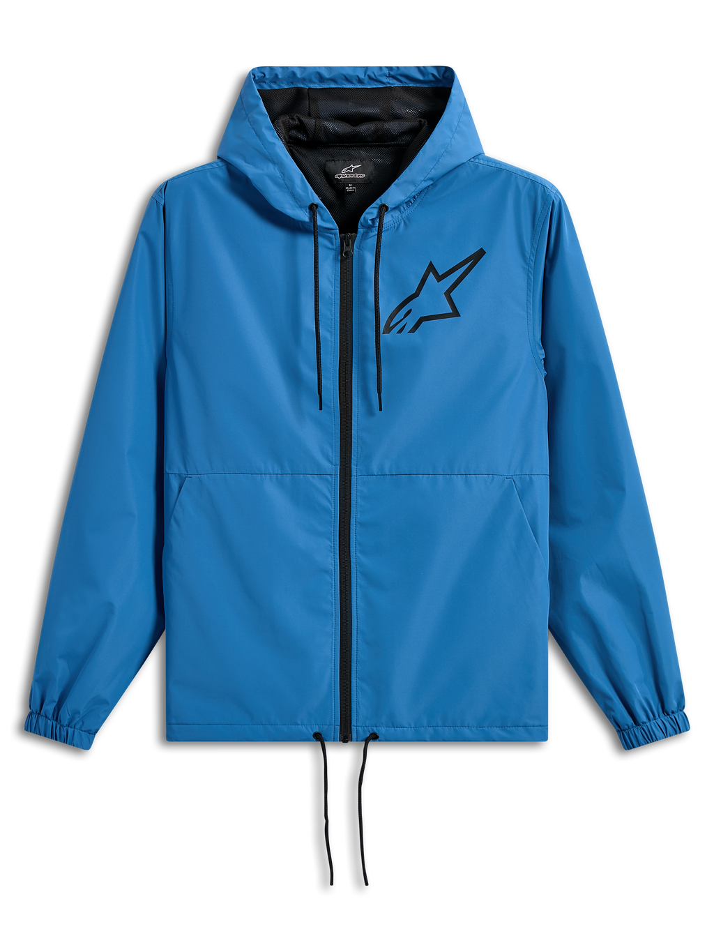Alpinestars Speeder Chromium Windbreaker-Jacke, leichte Kapuzen-Windjacke, Blau mit schwarzen Akzenten, schwarzes Astars-Logo auf der Brust, Mesh-Futter, Frontreißverschluss, verstellbare Kordelzüge an Kapuze und Saum