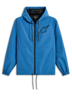 Alpinestars Speeder Chromium Windbreaker-Jacke, leichte Kapuzen-Windjacke, Blau mit schwarzen Akzenten, schwarzes Astars-Logo auf der Brust, Mesh-Futter, Frontreißverschluss, verstellbare Kordelzüge an Kapuze und Saum
