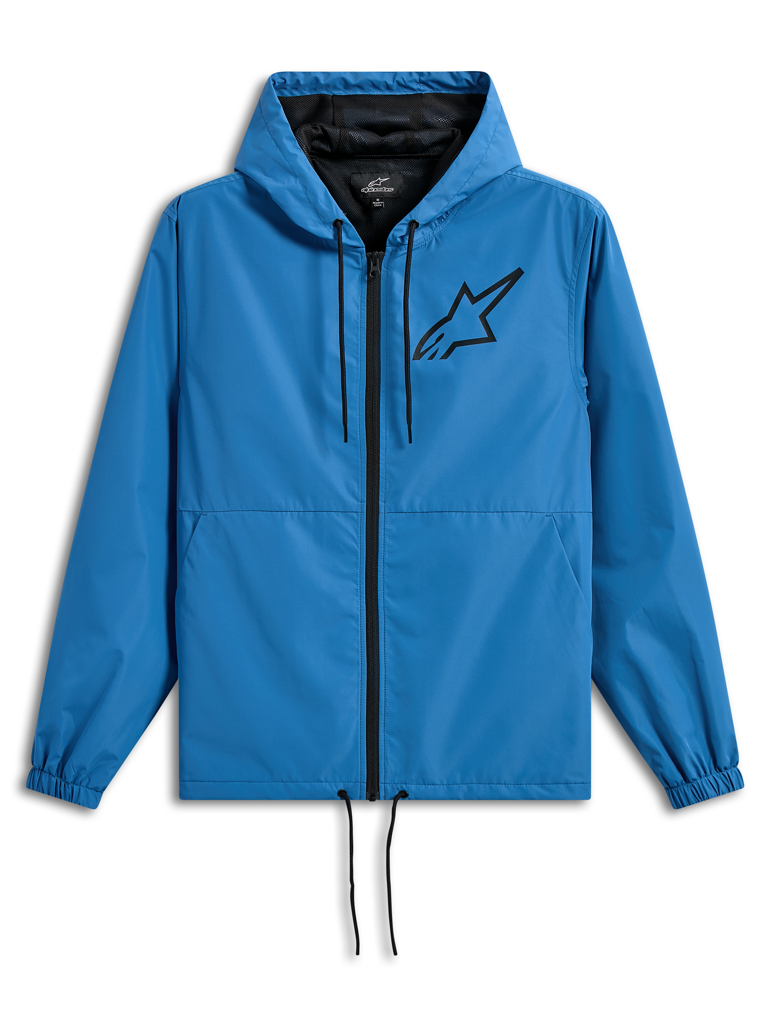 Alpinestars Speeder Chromium Windbreaker-Jacke, leichte Kapuzen-Windjacke, Blau mit schwarzen Akzenten, schwarzes Astars-Logo auf der Brust, Mesh-Futter, Frontreißverschluss, verstellbare Kordelzüge an Kapuze und Saum