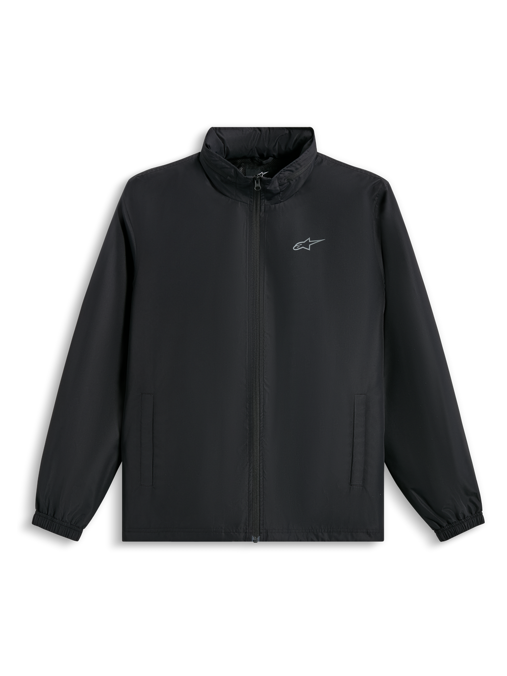 Alpinestars Overhaul Racer Jacke, schwarze Regenjacke, mit kleinem silbernem Logo auf der Brust, durchgehendem Frontreißverschluss und Seitentaschen, lässige, vom Motorsport inspirierte Streetwear