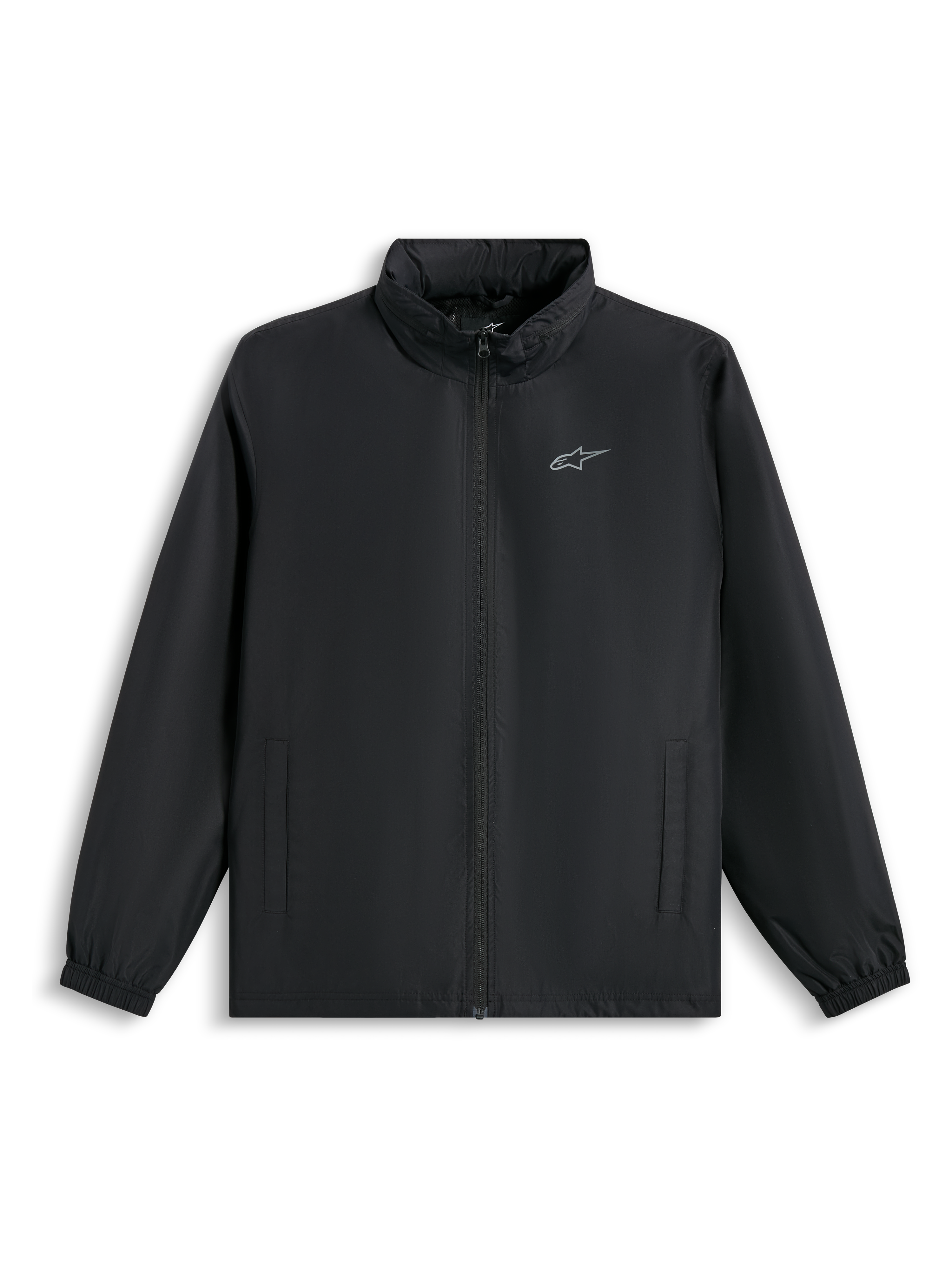 Alpinestars Overhaul Racer Jacke, schwarze Regenjacke, mit kleinem silbernem Logo auf der Brust, durchgehendem Frontreißverschluss und Seitentaschen, lässige, vom Motorsport inspirierte Streetwear