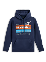 Alpinestars Harken Hoodie, dunkelblauer Pullover-Fleece-Hoodie, Brustgrafik mit orangefarbenen und hellblauen Streifen, weißes Alpinestars-Logo und „Racing Ahead“-Text, Kängurutasche, lange Ärmel mit Wortmarken-Logos, lässiges Motorsport-inspiriertes Design