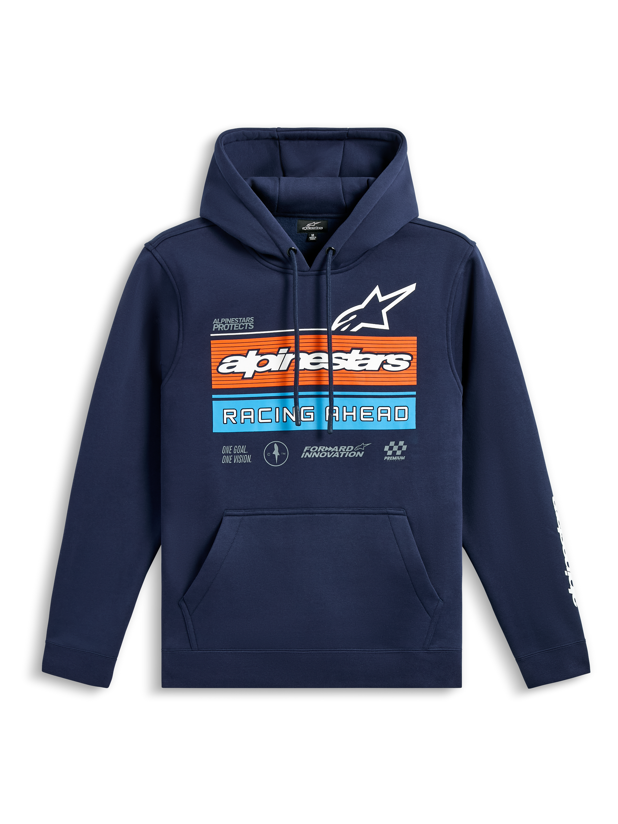 Alpinestars Harken Hoodie, dunkelblauer Pullover-Fleece-Hoodie, Brustgrafik mit orangefarbenen und hellblauen Streifen, weißes Alpinestars-Logo und „Racing Ahead“-Text, Kängurutasche, lange Ärmel mit Wortmarken-Logos, lässiges Motorsport-inspiriertes Design
