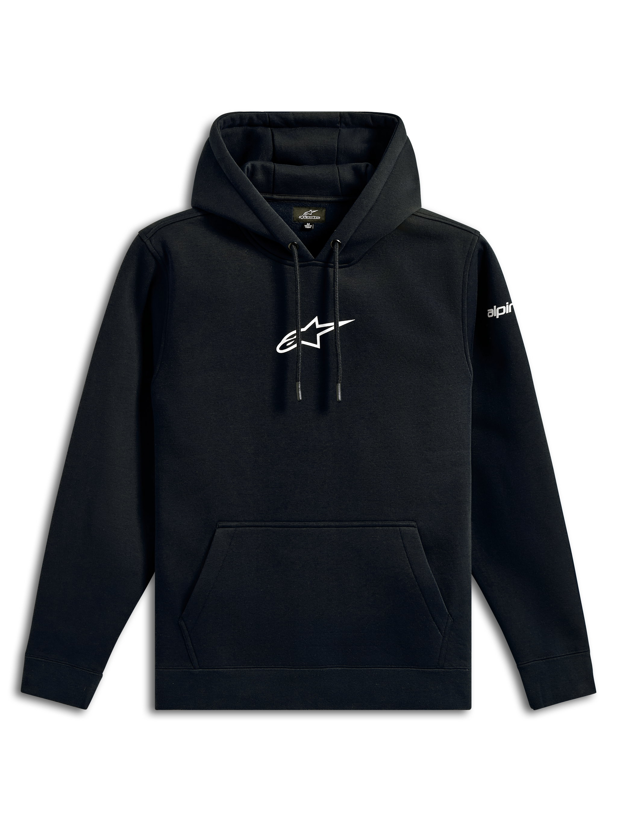 Alpinestars Frontal Hoodie, legere Streetwear, Schwarz mit weißem Alpinestars Stern-Logo auf der Brust, Kängurutasche, Kapuze mit Kordelzug, lange Ärmel, Motorsport-inspiriertes Design