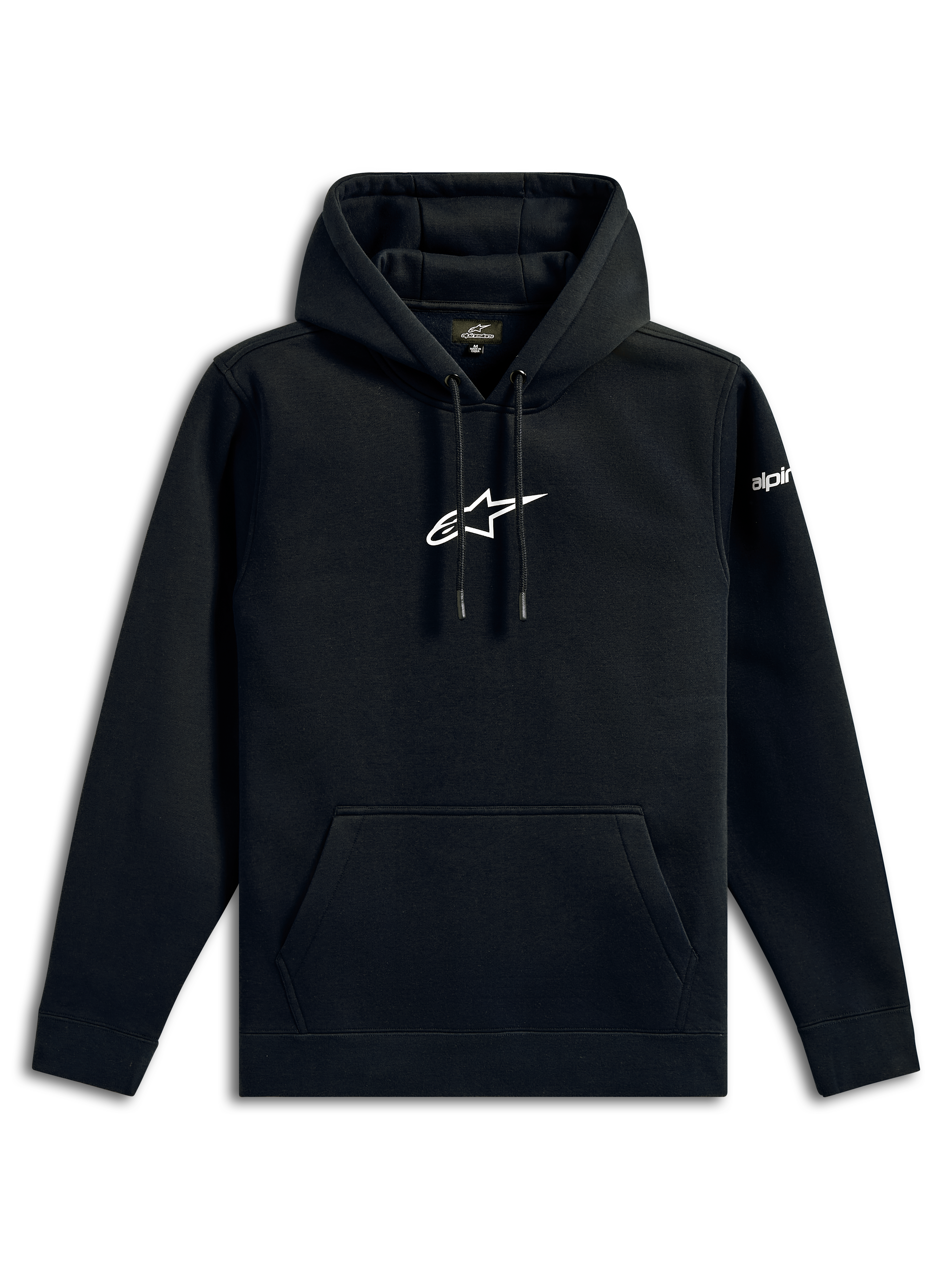 Alpinestars Frontal Hoodie, legere Streetwear, Schwarz mit weißem Alpinestars Stern-Logo auf der Brust, Kängurutasche, Kapuze mit Kordelzug, lange Ärmel, Motorsport-inspiriertes Design