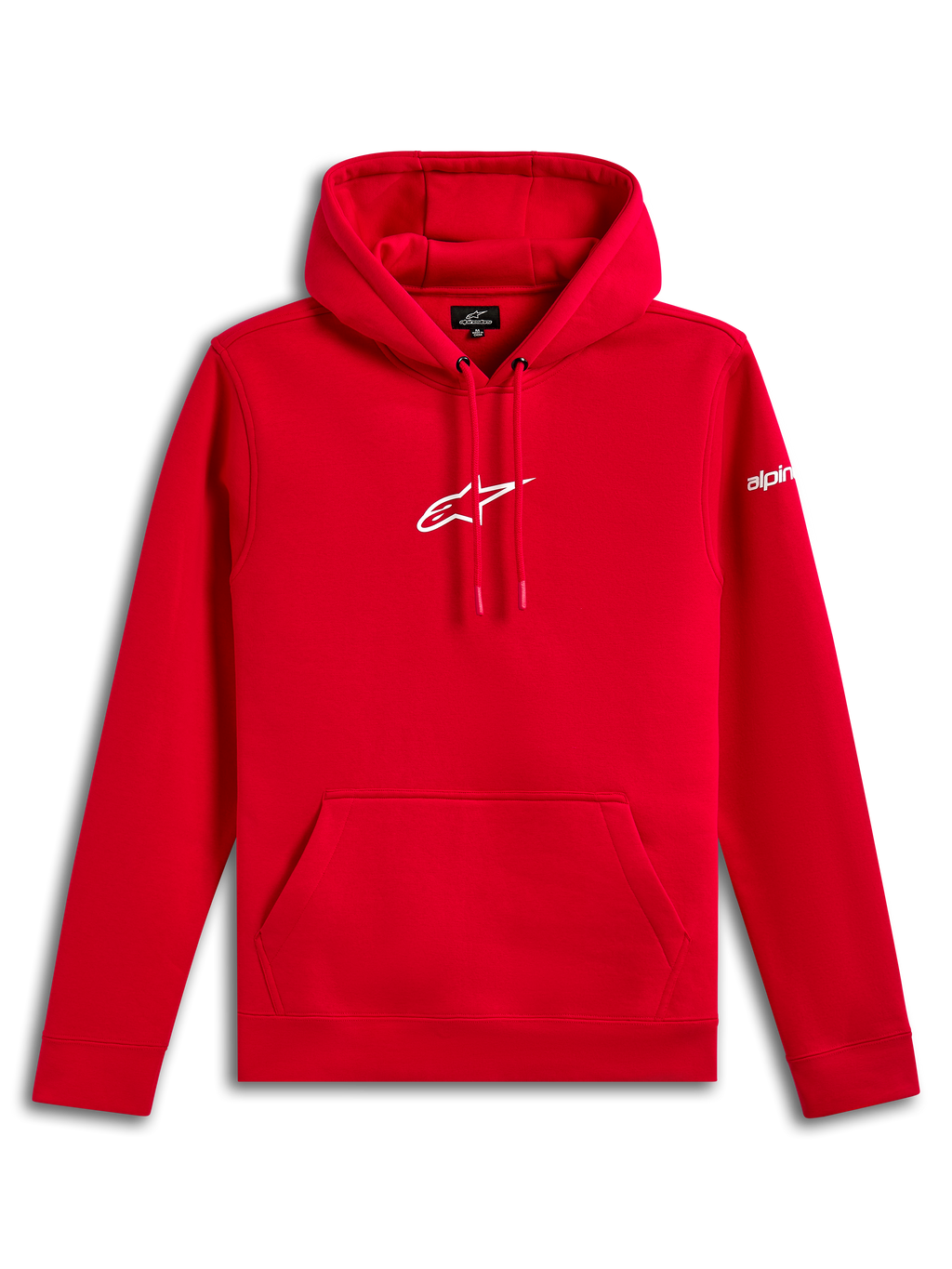 Alpinestars Frontal Hoodie, Fleece-Kapuzenpullover, Rot, weißes Alpinestars Astar-Logo auf der Brust und Wortmarke auf dem Ärmel, Kängurutasche vorne, lässige, vom Motorsport inspirierte Streetwear