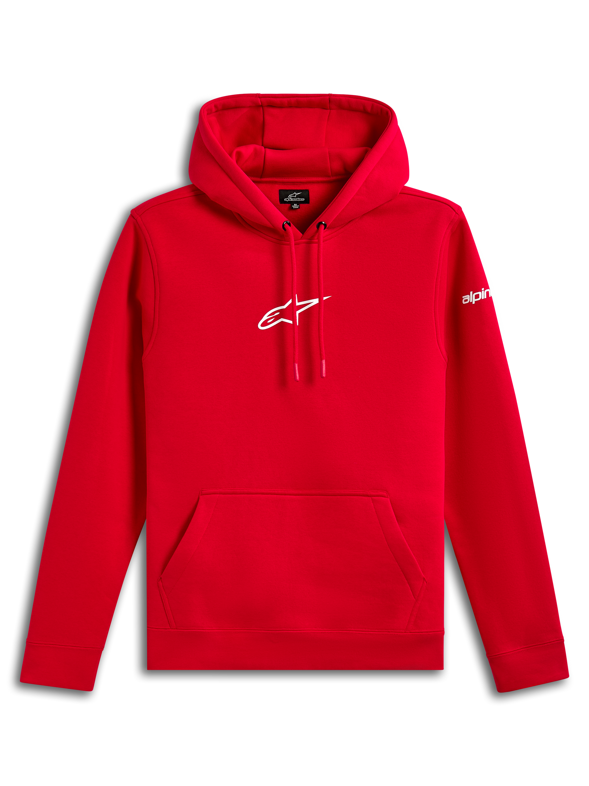 Alpinestars Frontal Hoodie, Fleece-Kapuzenpullover, Rot, weißes Alpinestars Astar-Logo auf der Brust und Wortmarke auf dem Ärmel, Kängurutasche vorne, lässige, vom Motorsport inspirierte Streetwear