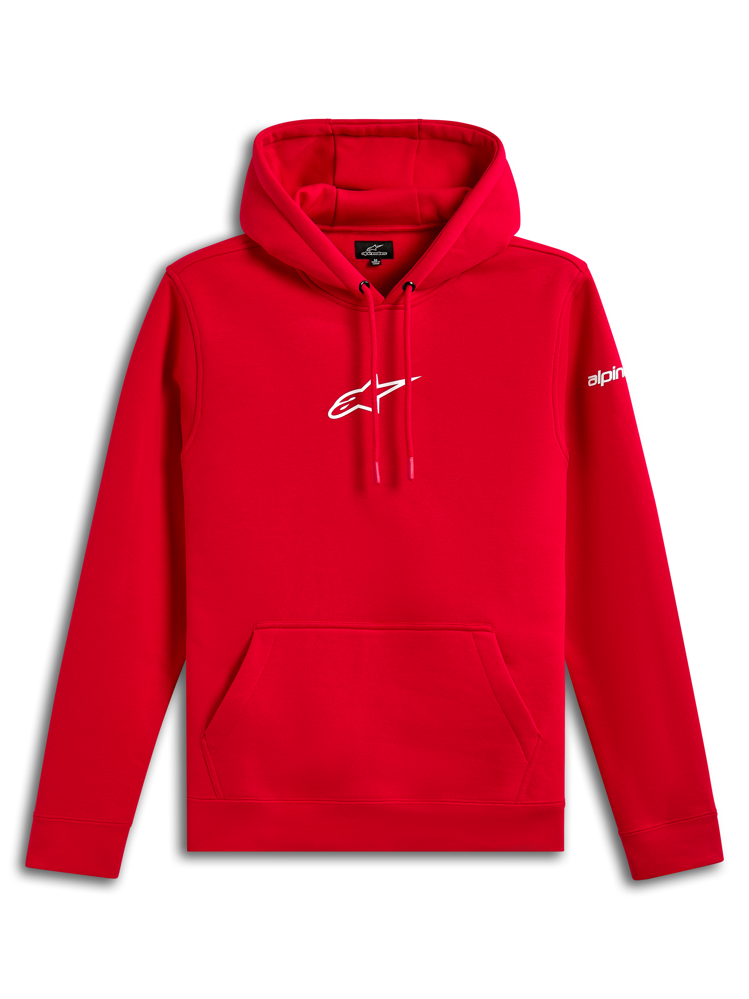 Alpinestars Frontal Hoodie, Fleece-Kapuzenpullover, Rot, weißes Alpinestars Astar-Logo auf der Brust und Wortmarke auf dem Ärmel, Kängurutasche vorne, lässige, vom Motorsport inspirierte Streetwear