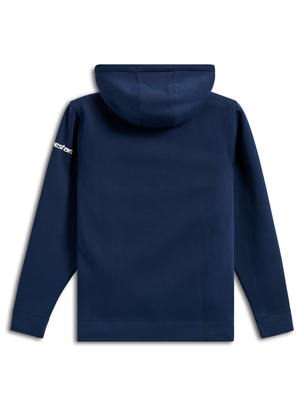 Alpinestars Frontal Hoodie, lässiger marineblauer Fleece-Pullover, Rückansicht, weißer Alpinestars-Schriftzug auf dem Ärmel, Rippbündchen an Ärmeln und Saum, vom Motorsport inspirierte Streetwear