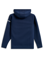 Alpinestars Frontal Hoodie, lässiger marineblauer Fleece-Pullover, Rückansicht, weißer Alpinestars-Schriftzug auf dem Ärmel, Rippbündchen an Ärmeln und Saum, vom Motorsport inspirierte Streetwear