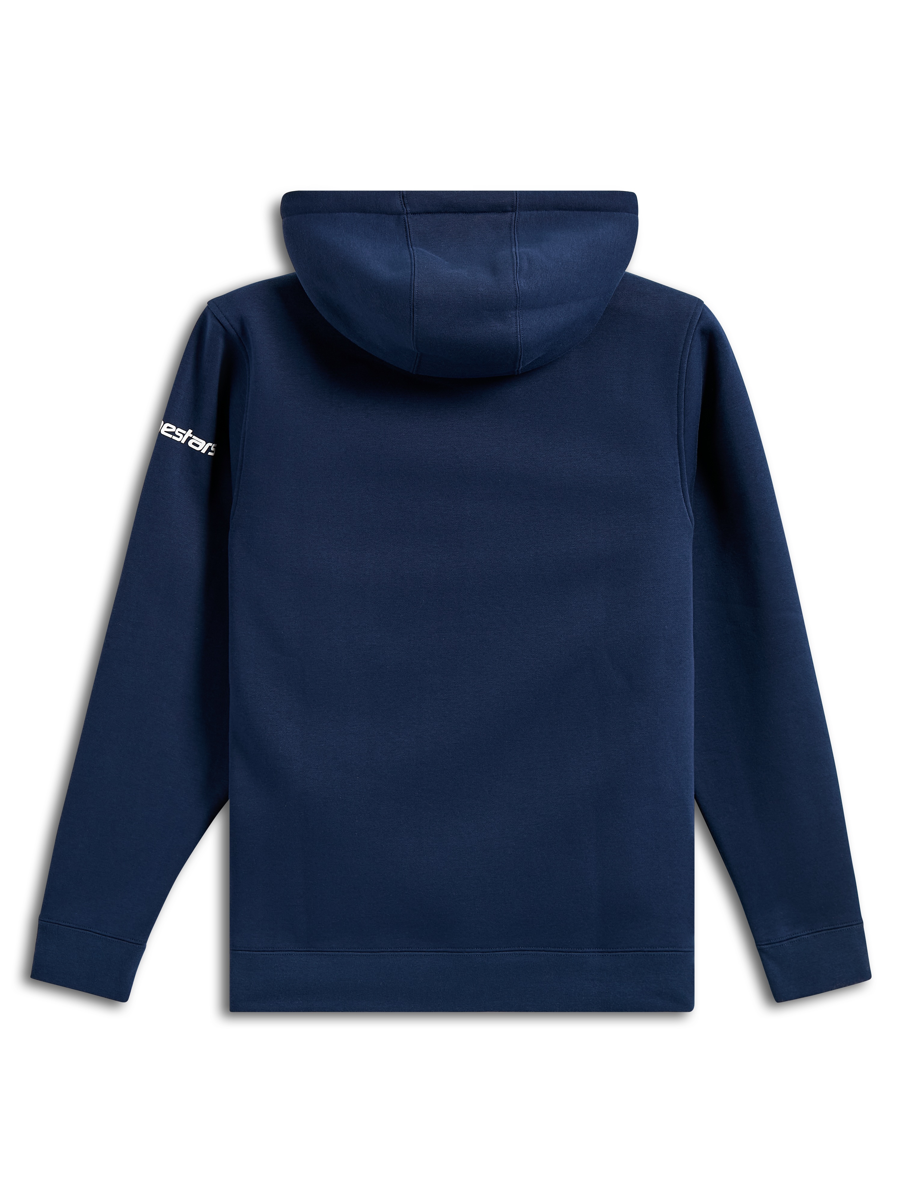 Alpinestars Frontal Hoodie, lässiger marineblauer Fleece-Pullover, Rückansicht, weißer Alpinestars-Schriftzug auf dem Ärmel, Rippbündchen an Ärmeln und Saum, vom Motorsport inspirierte Streetwear