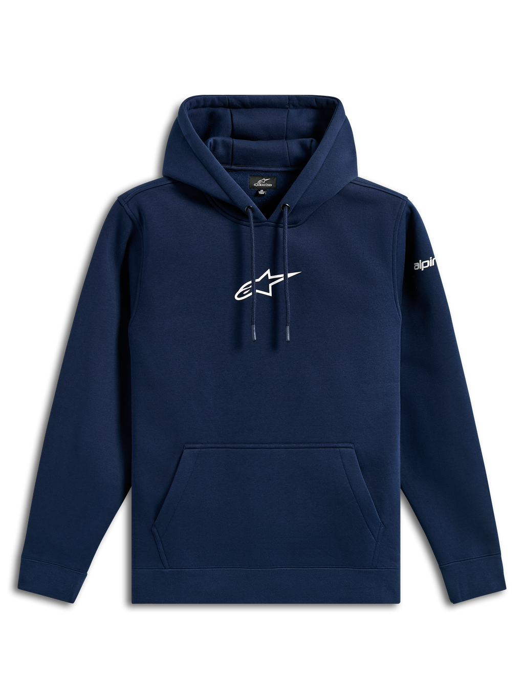 Alpinestars Frontal Hoodie, lässige Streetwear, navyblau mit weißem Astars-Logo auf der Brust und Wortlogo auf dem Ärmel, Kapuze mit Kordelzug, Kängurutasche, modernes, vom Motorsport inspiriertes Design