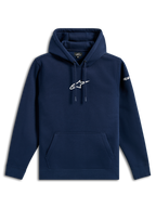 Alpinestars Frontal Hoodie, lässige Streetwear, navyblau mit weißem Astars-Logo auf der Brust und Wortlogo auf dem Ärmel, Kapuze mit Kordelzug, Kängurutasche, modernes, vom Motorsport inspiriertes Design
