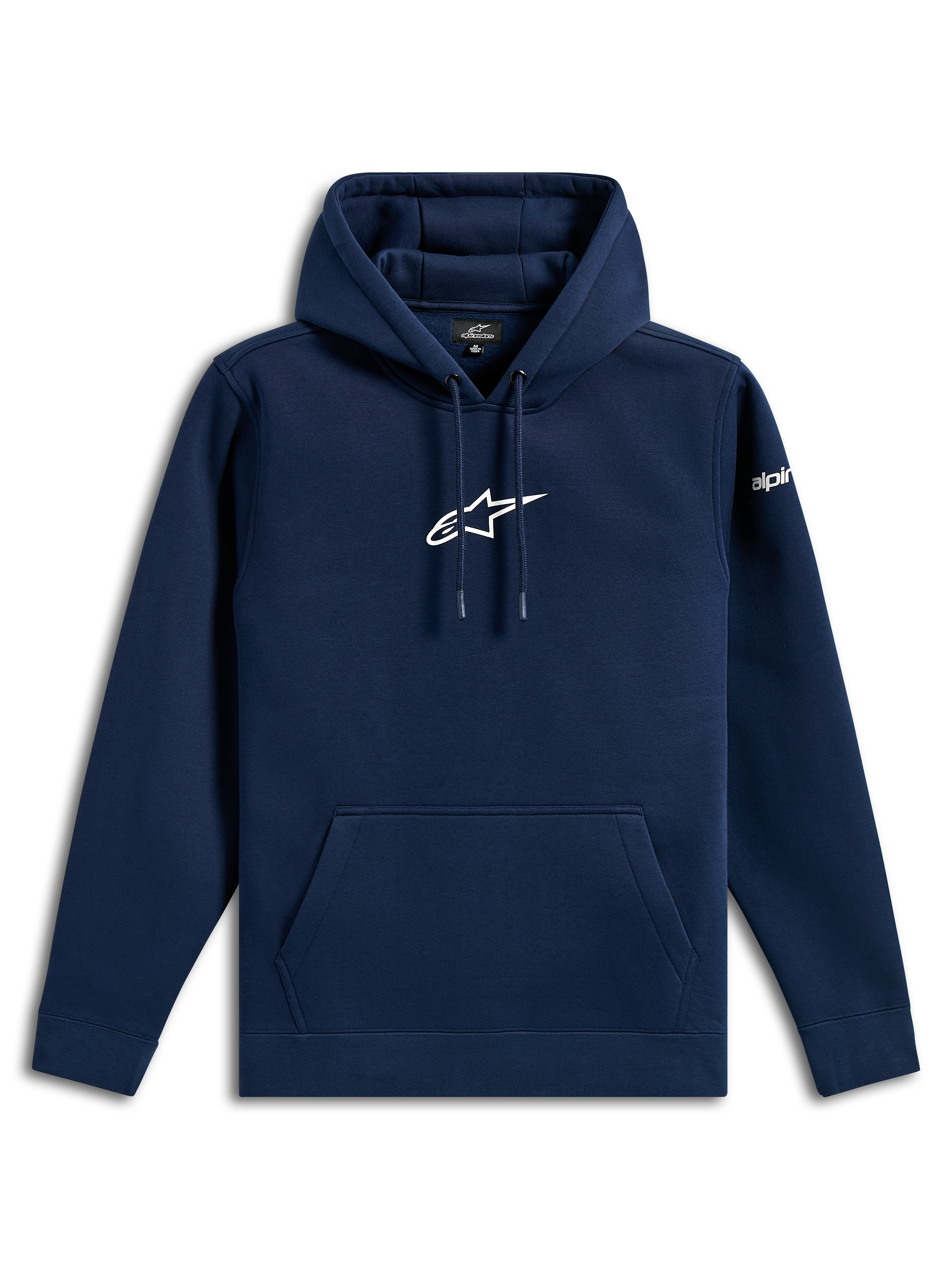 Alpinestars Frontal Hoodie, lässige Streetwear, navyblau mit weißem Astars-Logo auf der Brust und Wortlogo auf dem Ärmel, Kapuze mit Kordelzug, Kängurutasche, modernes, vom Motorsport inspiriertes Design