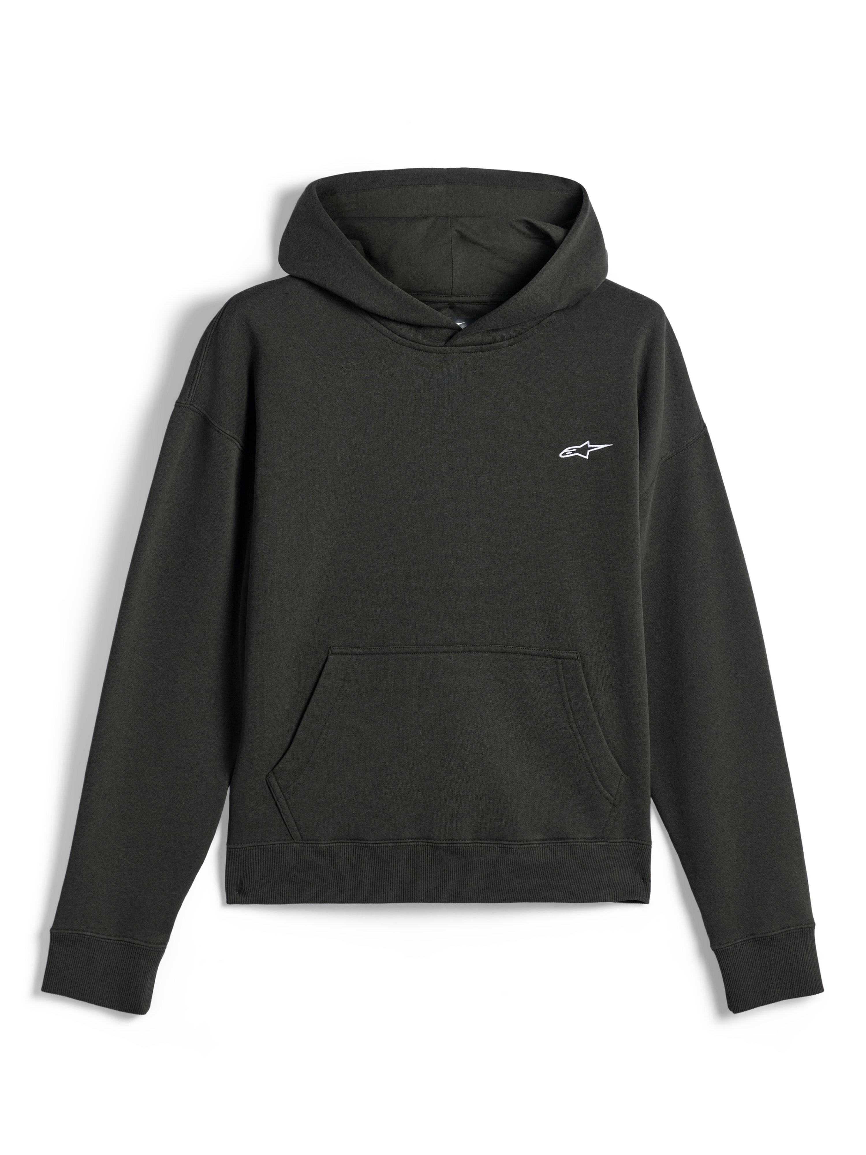 Alpinestars Essentials Ageless Hoodie, lässige Streetwear, Off Black mit kleinem weißem Astars-Logo, Kapuzenpullover mit Kängurutasche vorne, hochwertiges Stone-Wash-Fleece-Finish