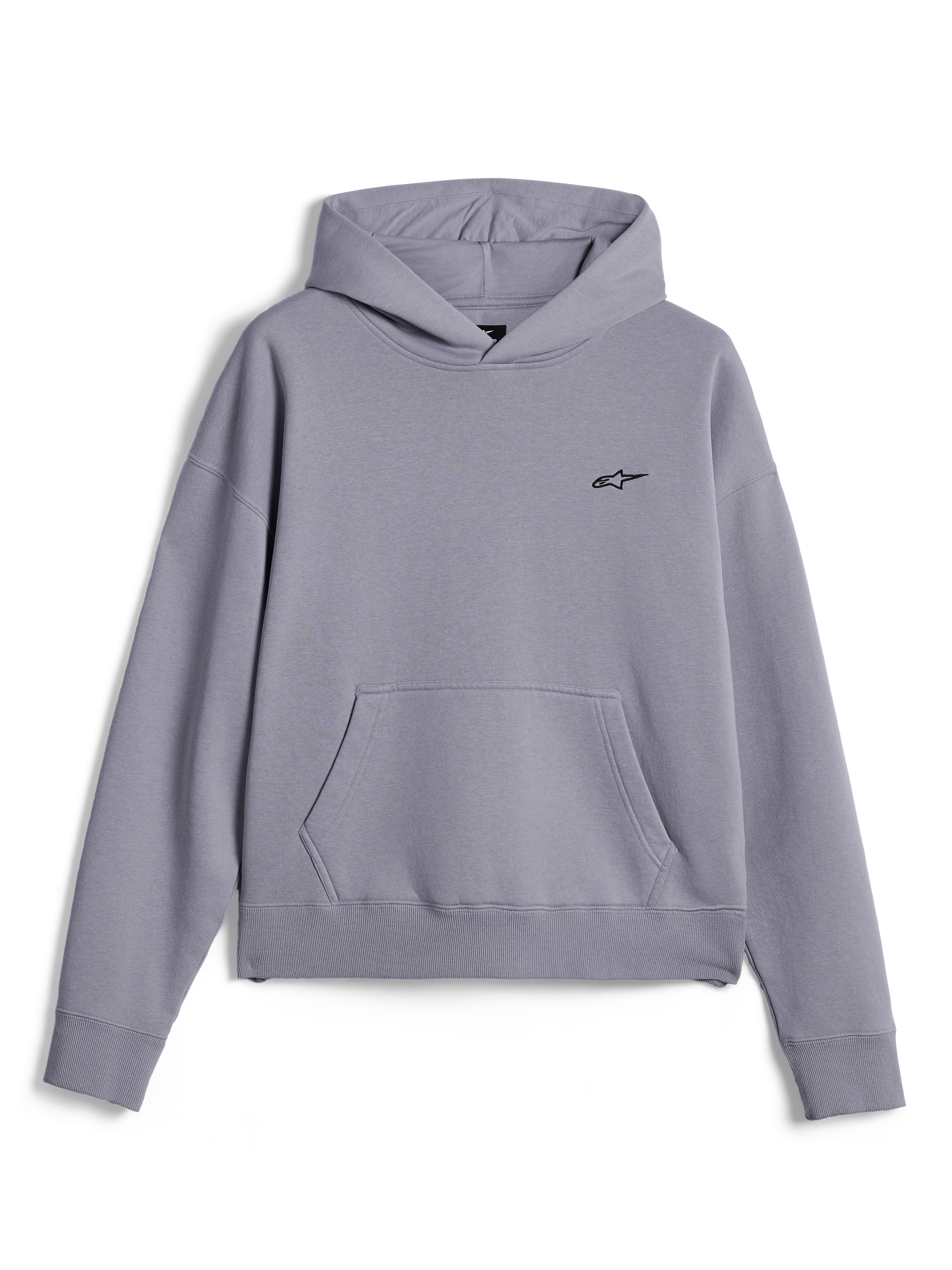 Alpinestars Essentials Ageless Hoodie, lässige Streetwear, silbernes Fleece im Stone-Wash-Finish, kleines schwarzes Astars-Logo auf der Brust, Kängurutasche vorne, Pullover-Design mit Kapuze