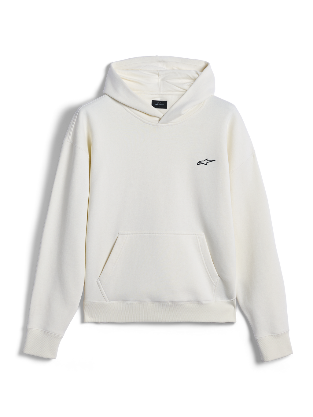 Alpinestars Essentials Ageless Hoodie, lässige Streetwear, Off-White mit kleinem schwarzem Astar-Logo auf der Brust, Kängurutasche, lange Ärmel, minimalistisches vom Motorsport inspiriertes Design