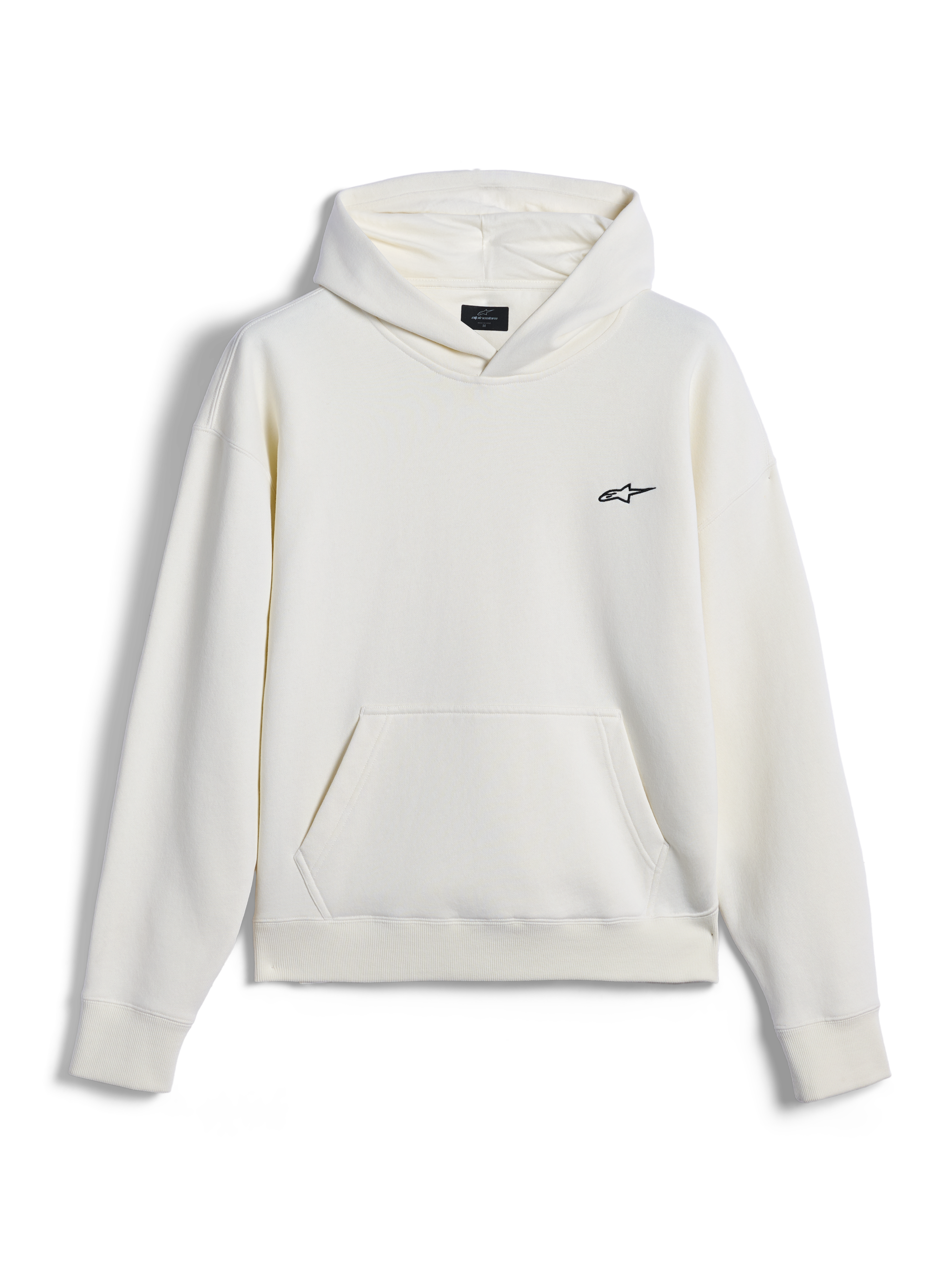 Alpinestars Essentials Ageless Hoodie, lässige Streetwear, Off-White mit kleinem schwarzem Astar-Logo auf der Brust, Kängurutasche, lange Ärmel, minimalistisches vom Motorsport inspiriertes Design