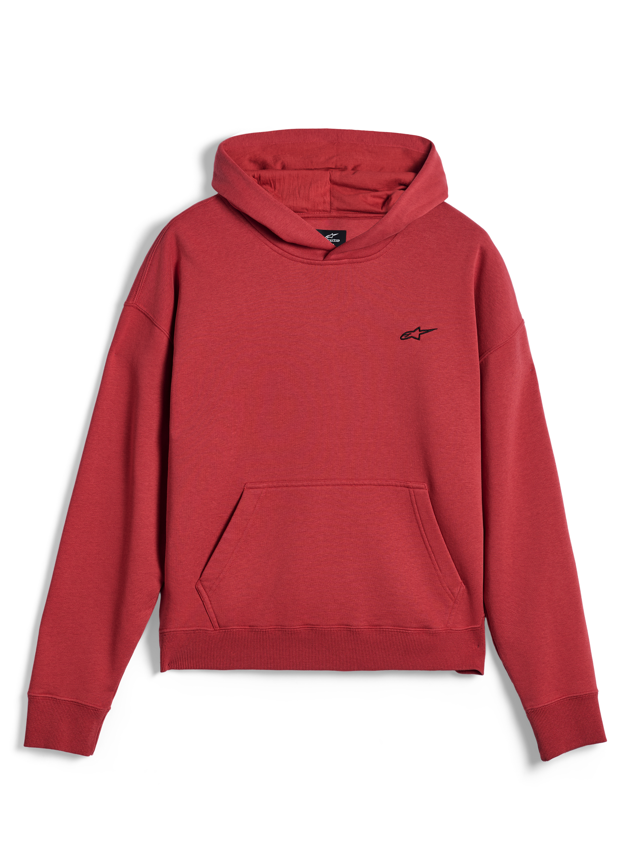 Alpinestars Essentials Ageless Hoodie, casual sportswear, brick red, featuring a small black Alpinestars star logo on the chest, kangaroo pocket, and ribbed hem and cuffs, minimalist streetwear design