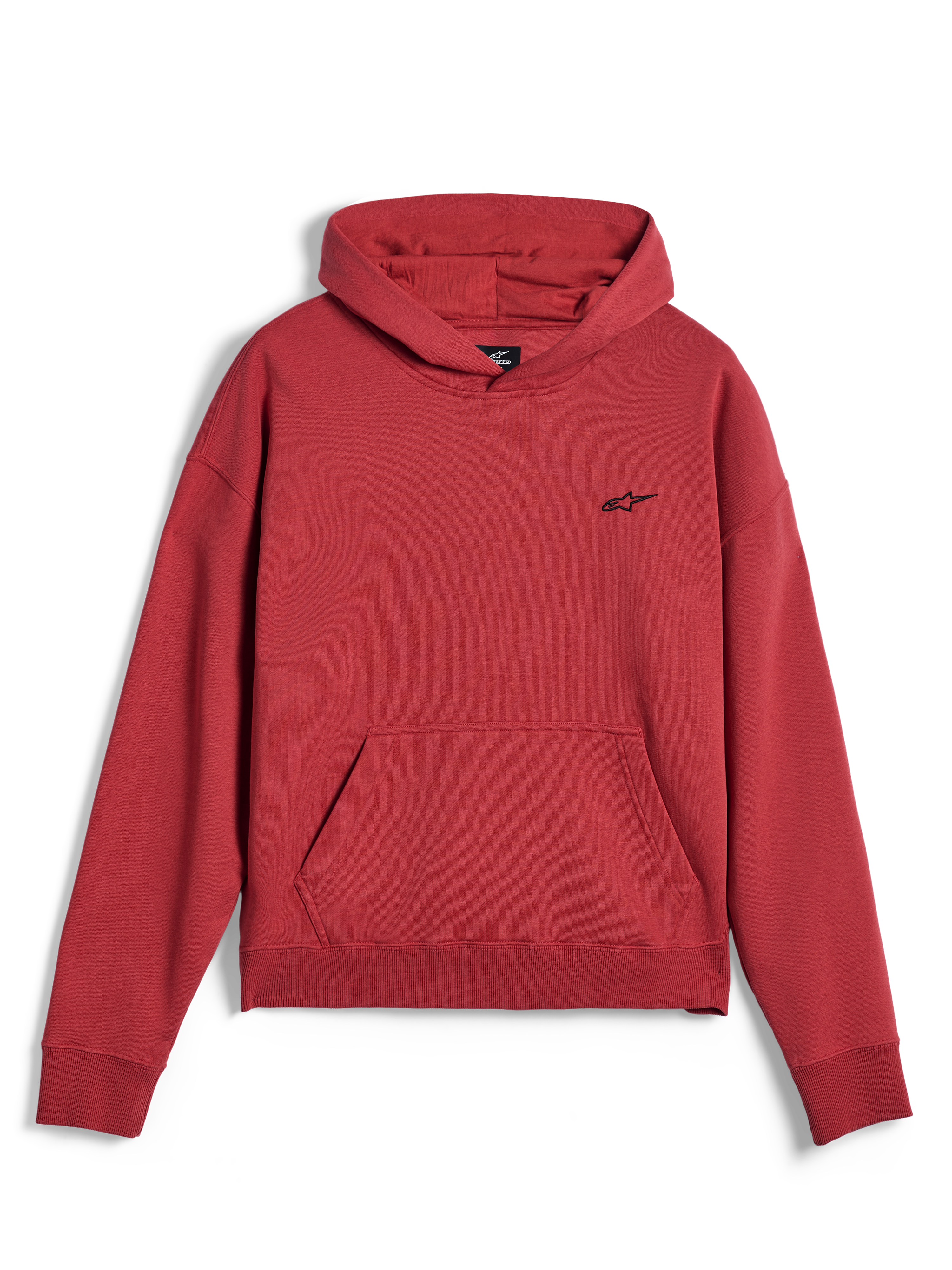Alpinestars Essentials Ageless Hoodie, casual sportswear, brick red, featuring a small black Alpinestars star logo on the chest, kangaroo pocket, and ribbed hem and cuffs, minimalist streetwear design