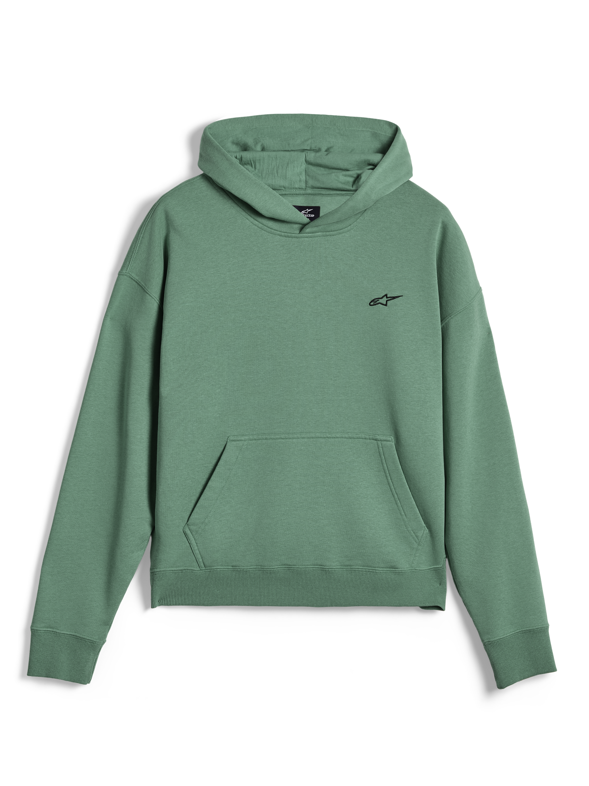 Alpinestars Essentials Ageless Hoodie, casual streetwear pullover, Cactus green with stone wash finish, small black Alpinestars logo on chest, front kangaroo pocket, ribbed cuffs and hem, premium fleece material