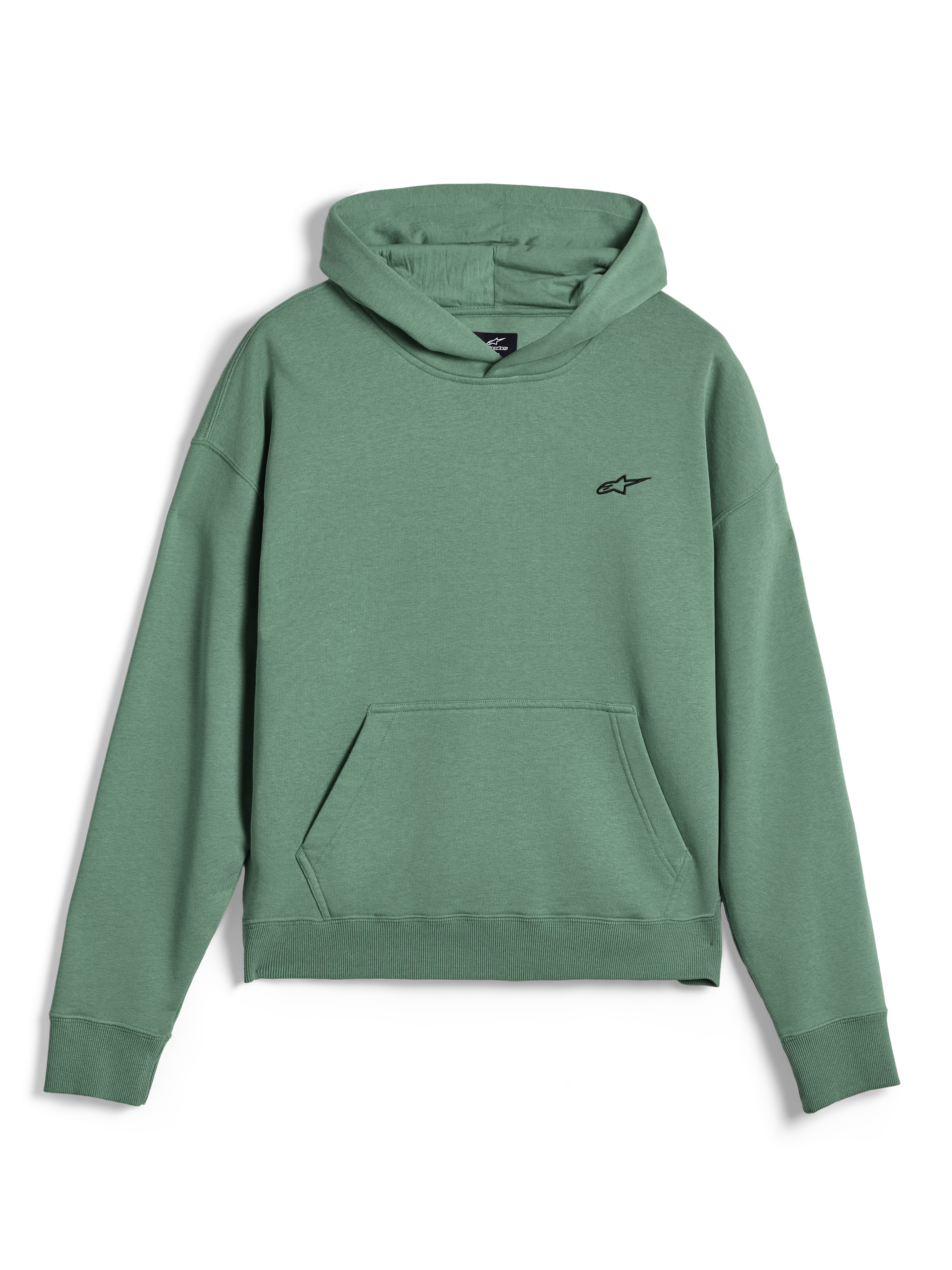 Alpinestars Essentials Ageless Hoodie, lässiger Streetwear-Pullover, Kaktusgrün mit Stone-Wash-Finish, kleines schwarzes Alpinestars-Logo auf der Brust, Kängurutasche vorne, gerippte Bündchen und Saum, hochwertiges Fleece-Material