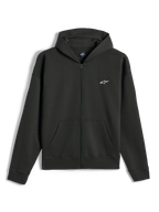 Alpinestars Essentials Ageless Zip Hoodie, Fleece-Hoodie mit durchgehendem Reißverschluss, Off Black, kleines weißes Alpinestars-Logo auf der linken Brust, lässige Motorsport-Streetwear, mit Fronttaschen und Rippbündchen
