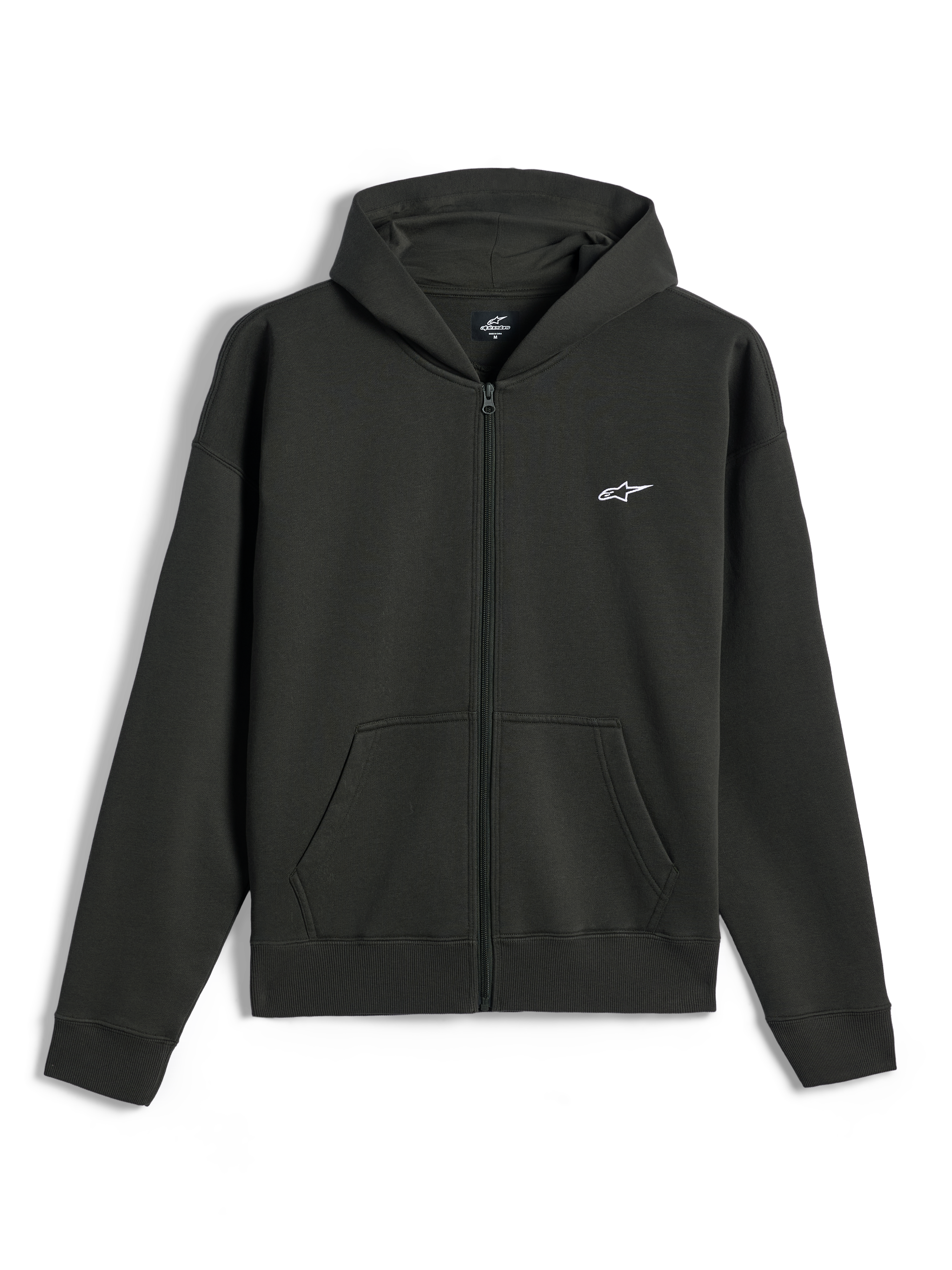 Alpinestars Essentials Ageless Zip Hoodie, Fleece-Hoodie mit durchgehendem Reißverschluss, Off Black, kleines weißes Alpinestars-Logo auf der linken Brust, lässige Motorsport-Streetwear, mit Fronttaschen und Rippbündchen