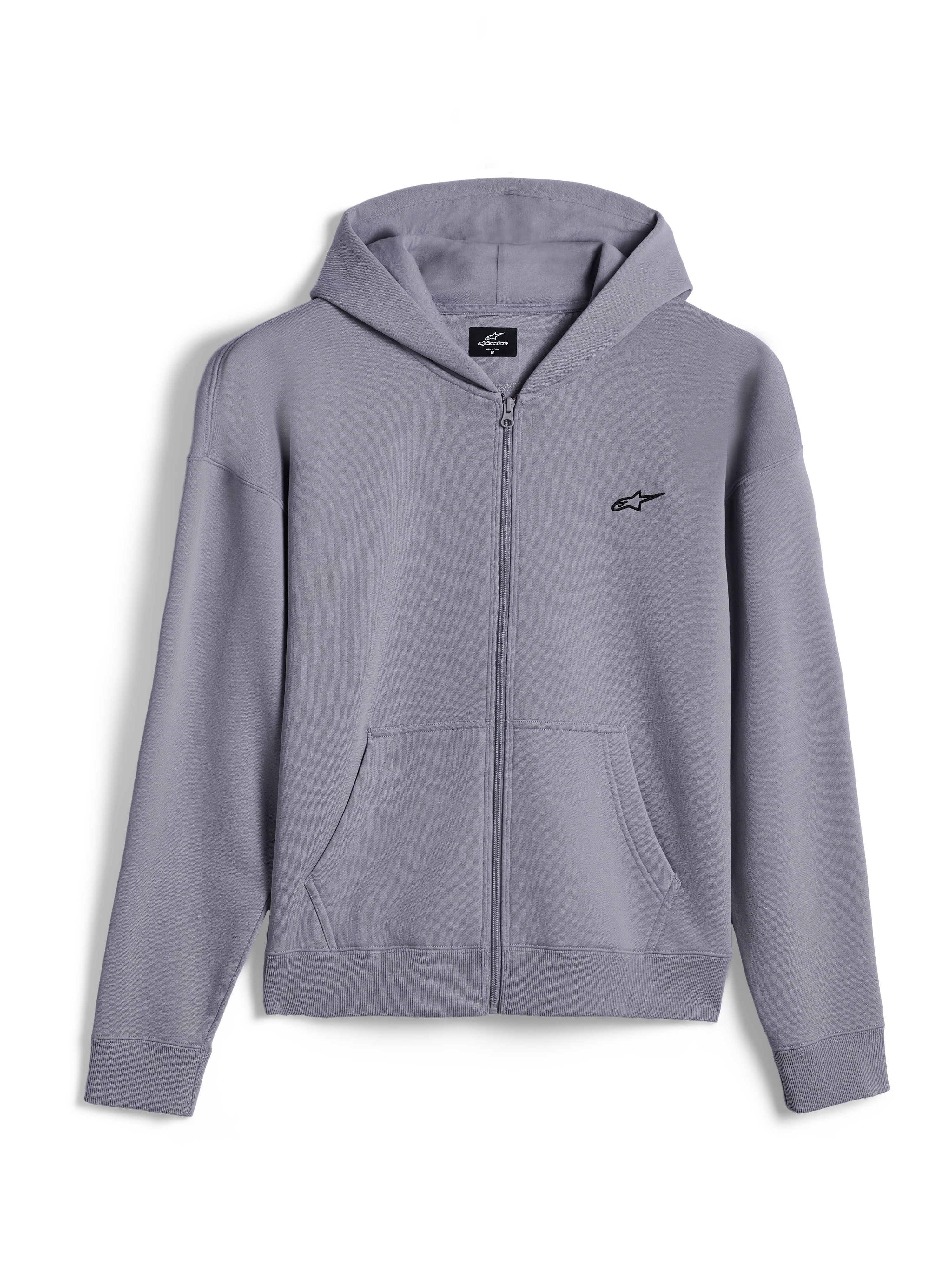 Alpinestars Essentials Ageless Zip Hoodie, lässige Streetwear, Silber, kleines schwarzes Alpinestars-Logo auf der Brust, durchgehender Reißverschluss vorne mit Kängurutaschen, gerippte Bündchen und Saum, minimalistisches, vom Motorsport inspiriertes Design