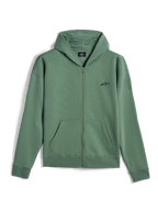 Alpinestars Essentials Ageless Zip Hoodie, lässige Streetwear, Kaktusgrün mit kleinem schwarzem Alpinestars-Logo, durchgehender Reißverschluss vorne, Kapuzen-Sweatshirt mit geteilten Kängurutaschen, gerippte Bündchen und Saum, Motorsport-inspiriertes Design