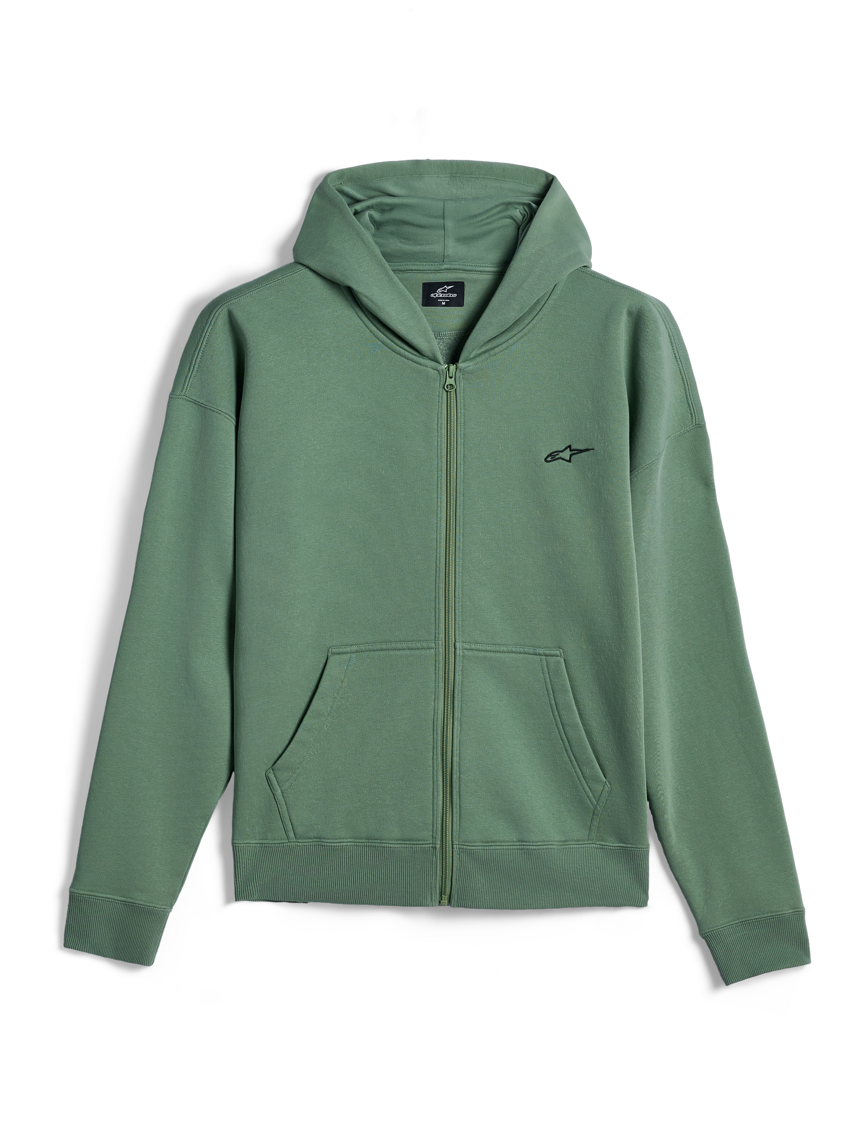 Alpinestars Essentials Ageless Zip Hoodie, lässige Streetwear, Kaktusgrün mit kleinem schwarzem Alpinestars-Logo, durchgehender Reißverschluss vorne, Kapuzen-Sweatshirt mit geteilten Kängurutaschen, gerippte Bündchen und Saum, Motorsport-inspiriertes Design
