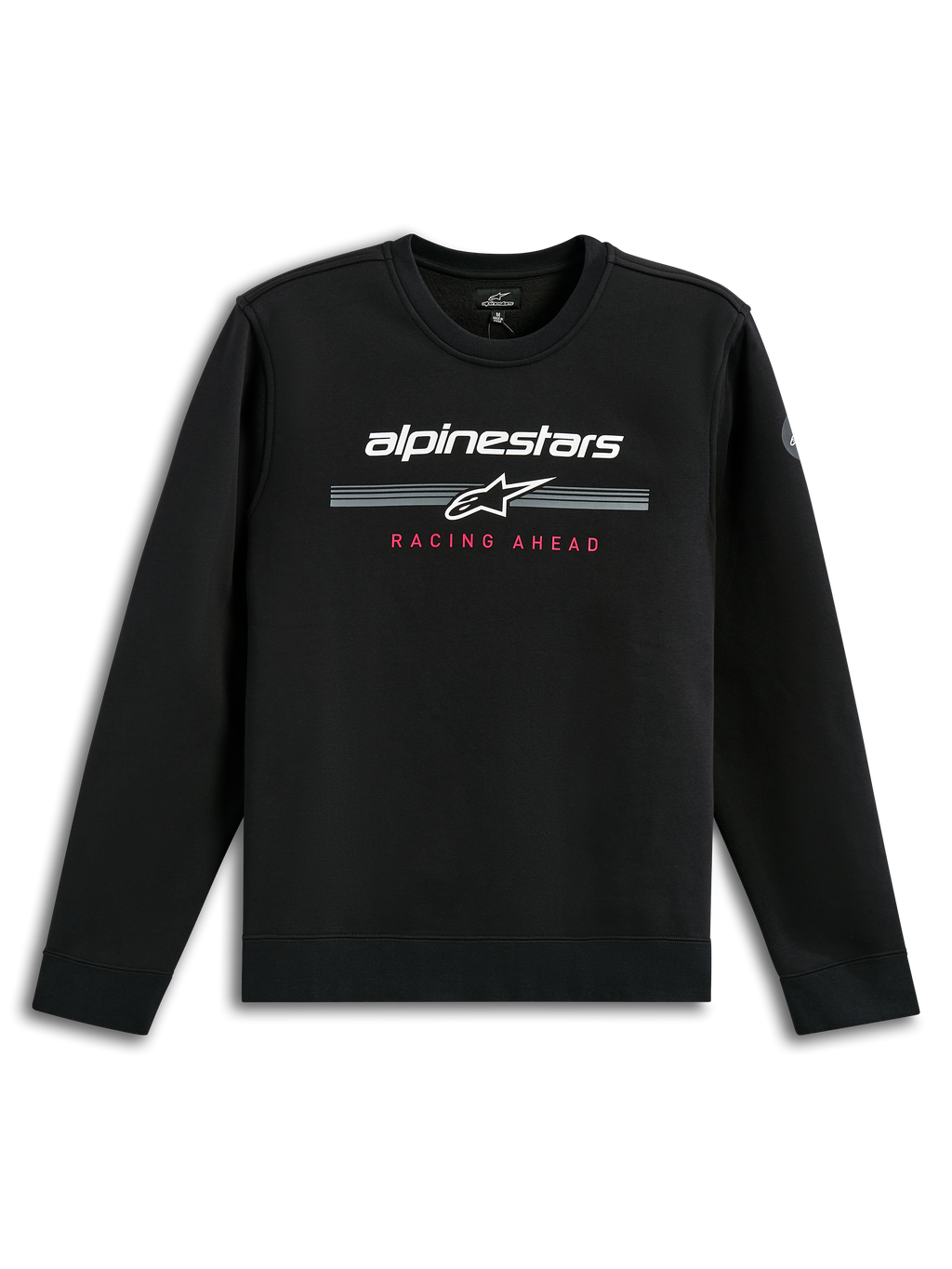 Alpinestars Bettern Crew, schwarzes Crewneck-Sweatshirt, weißer Alpinestars-Schriftzug mit grauen Rennstreifen, roter „Racing Ahead“-Schriftzug, lässige Motorsport-Streetwear