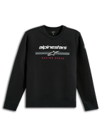 Alpinestars Bettern Crew, schwarzes Crewneck-Sweatshirt, weißer Alpinestars-Schriftzug mit grauen Rennstreifen, roter „Racing Ahead“-Schriftzug, lässige Motorsport-Streetwear