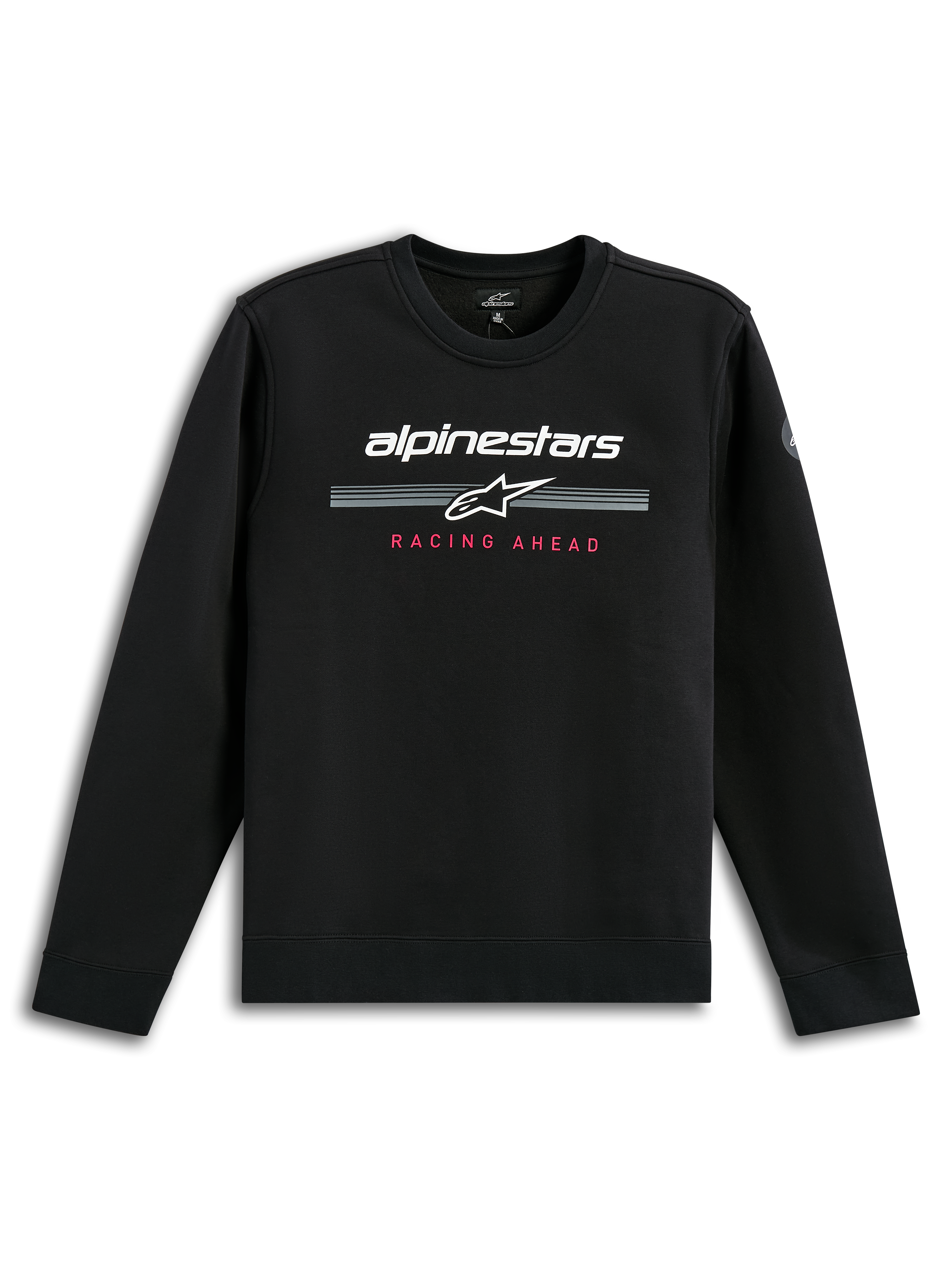 Alpinestars Bettern Crew, schwarzes Crewneck-Sweatshirt, weißer Alpinestars-Schriftzug mit grauen Rennstreifen, roter „Racing Ahead“-Schriftzug, lässige Motorsport-Streetwear