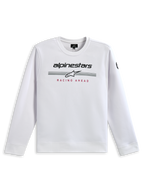Alpinestars Bettern Crew Sweatshirt, Weiß, mit schwarzem Alpinestars-Branding, grauen Rennstreifen mit weißem Stern-Logo und rotem 'RACING AHEAD' Aufdruck, lässige Motorsport-Streetwear