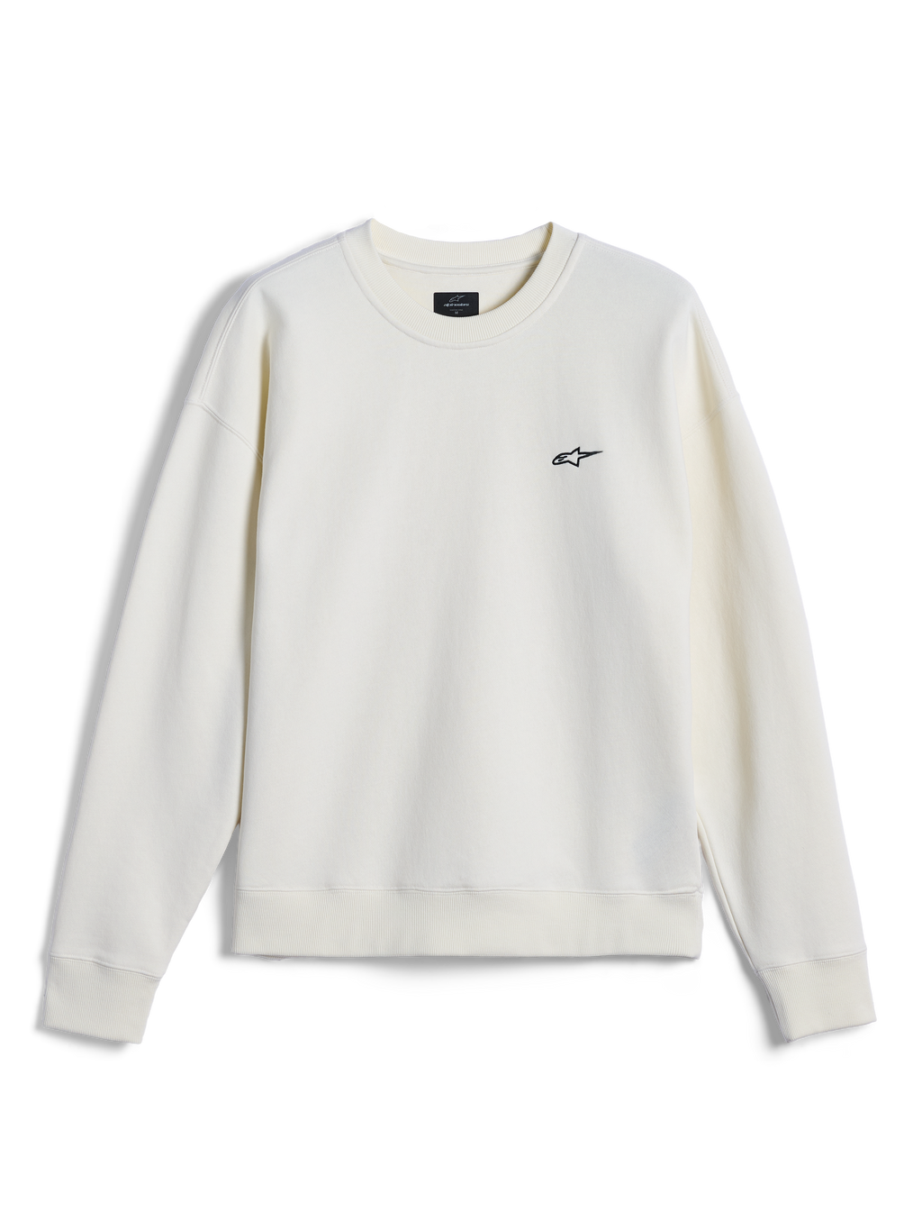 Alpinestars Essentials Ageless Crew, Rundhals-Sweatshirt, Off-White, kleines schwarzes Alpinestars-Logo auf der Brust, gerippter Kragen, Ärmelbündchen und Saum, lässige, vom Motorsport inspirierte Streetwear